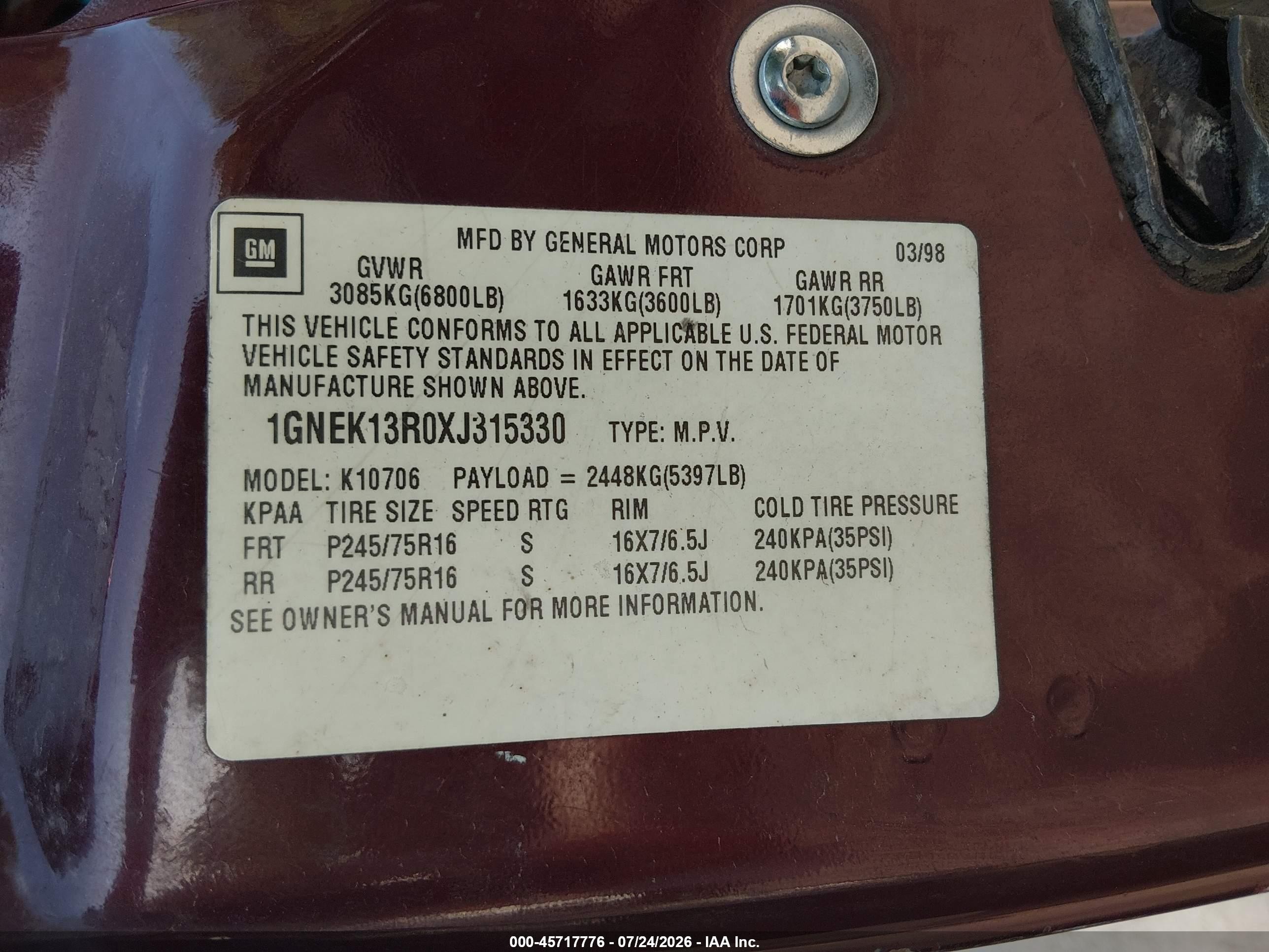 1999 Chevrolet Tahoe Ls Burgundy vin: 1GNEK13R0XJ315330