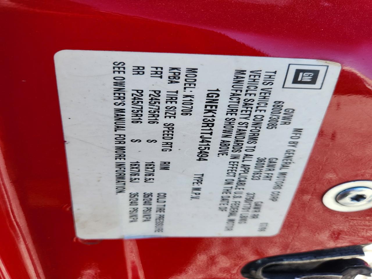 1996 Chevrolet Tahoe K1500 Red vin: 1GNEK13R1TJ415494