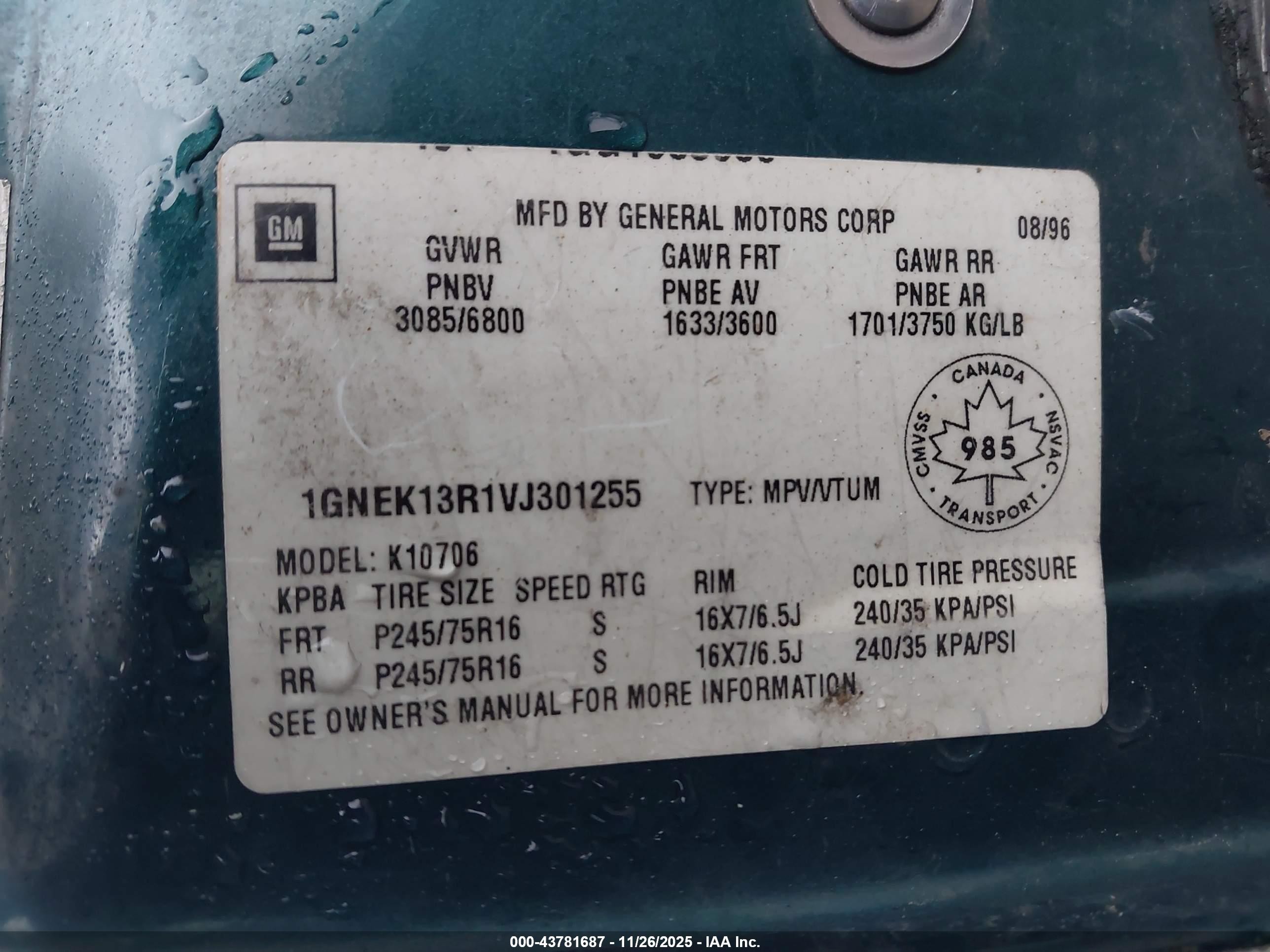 1997 Chevrolet Tahoe Ls Green vin: 1GNEK13R1VJ301255