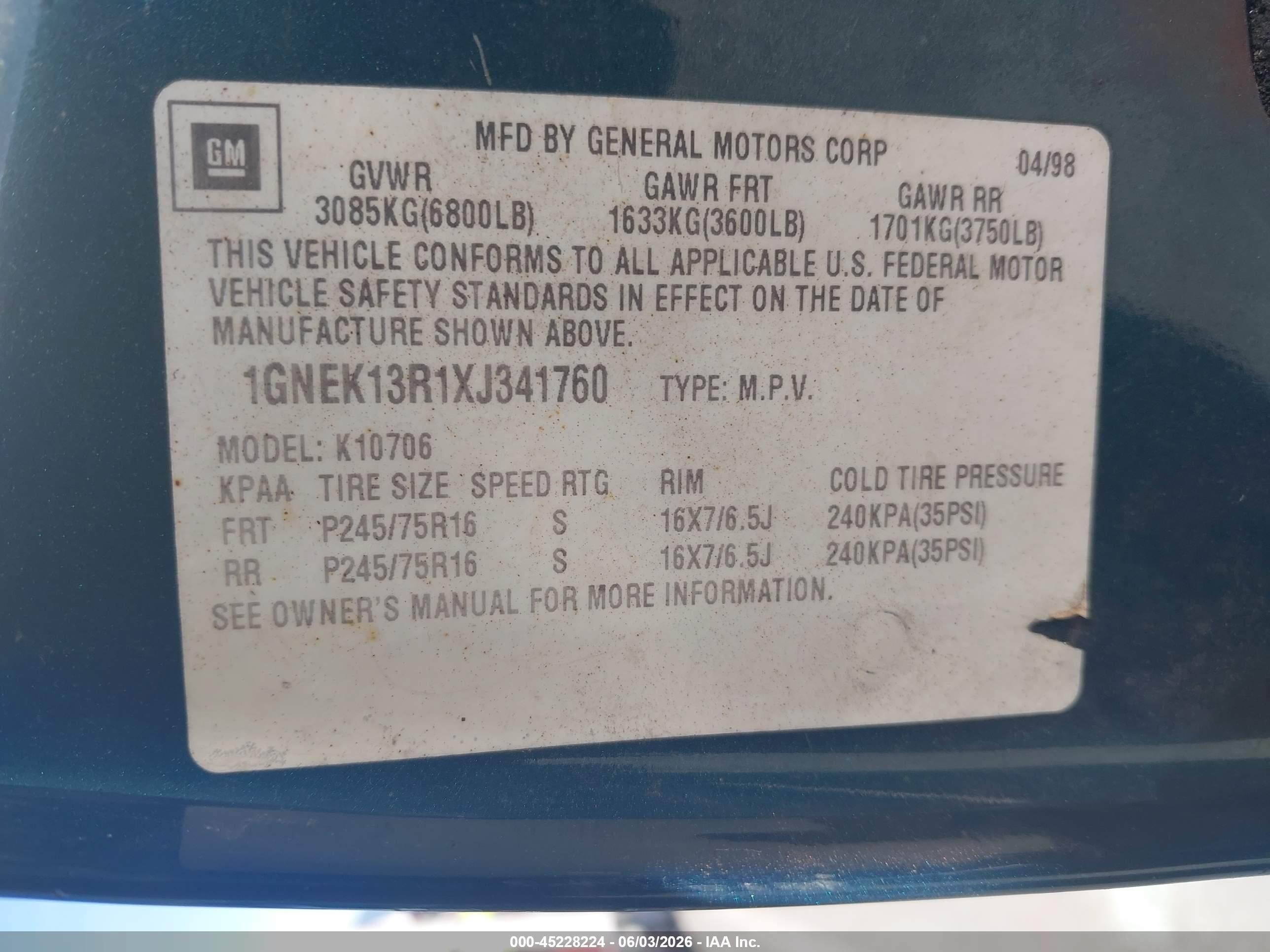1999 Chevrolet Tahoe Ls Green vin: 1GNEK13R1XJ341760