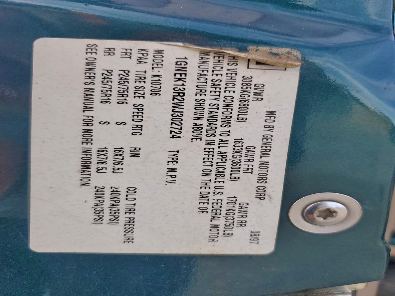 1998 Chevrolet Tahoe K1500 Зеленый vin: 1GNEK13R2WJ302724