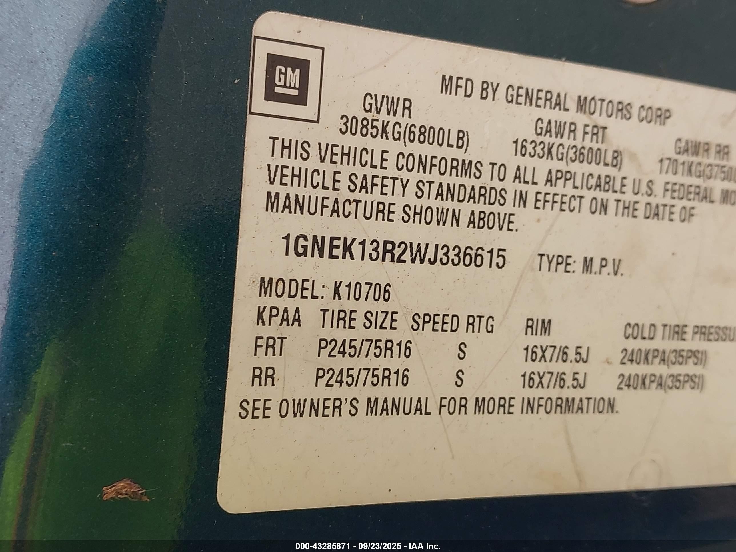 1998 Chevrolet Tahoe Ls Green vin: 1GNEK13R2WJ336615