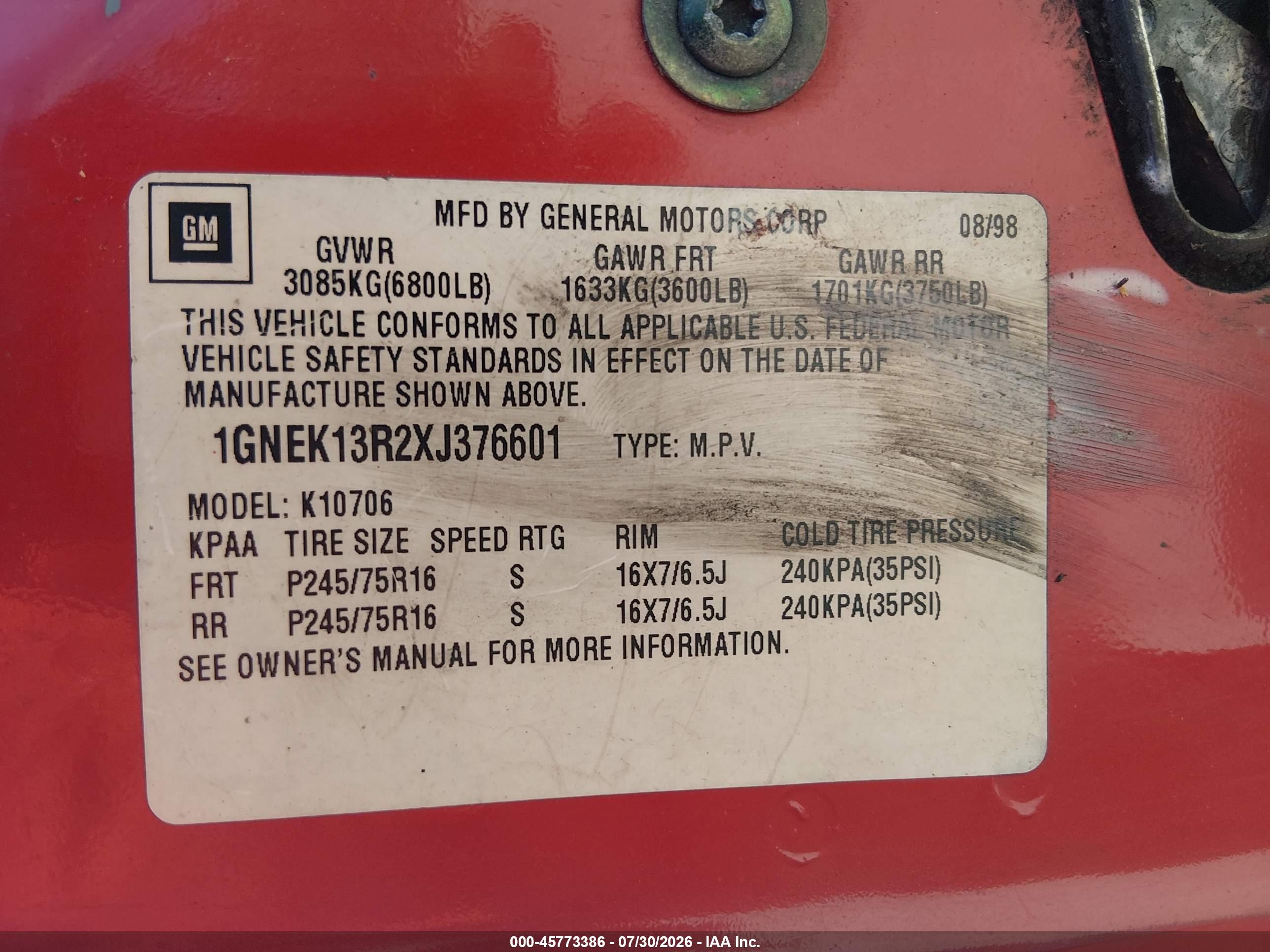 1999 Chevrolet Tahoe Ls Red vin: 1GNEK13R2XJ376601