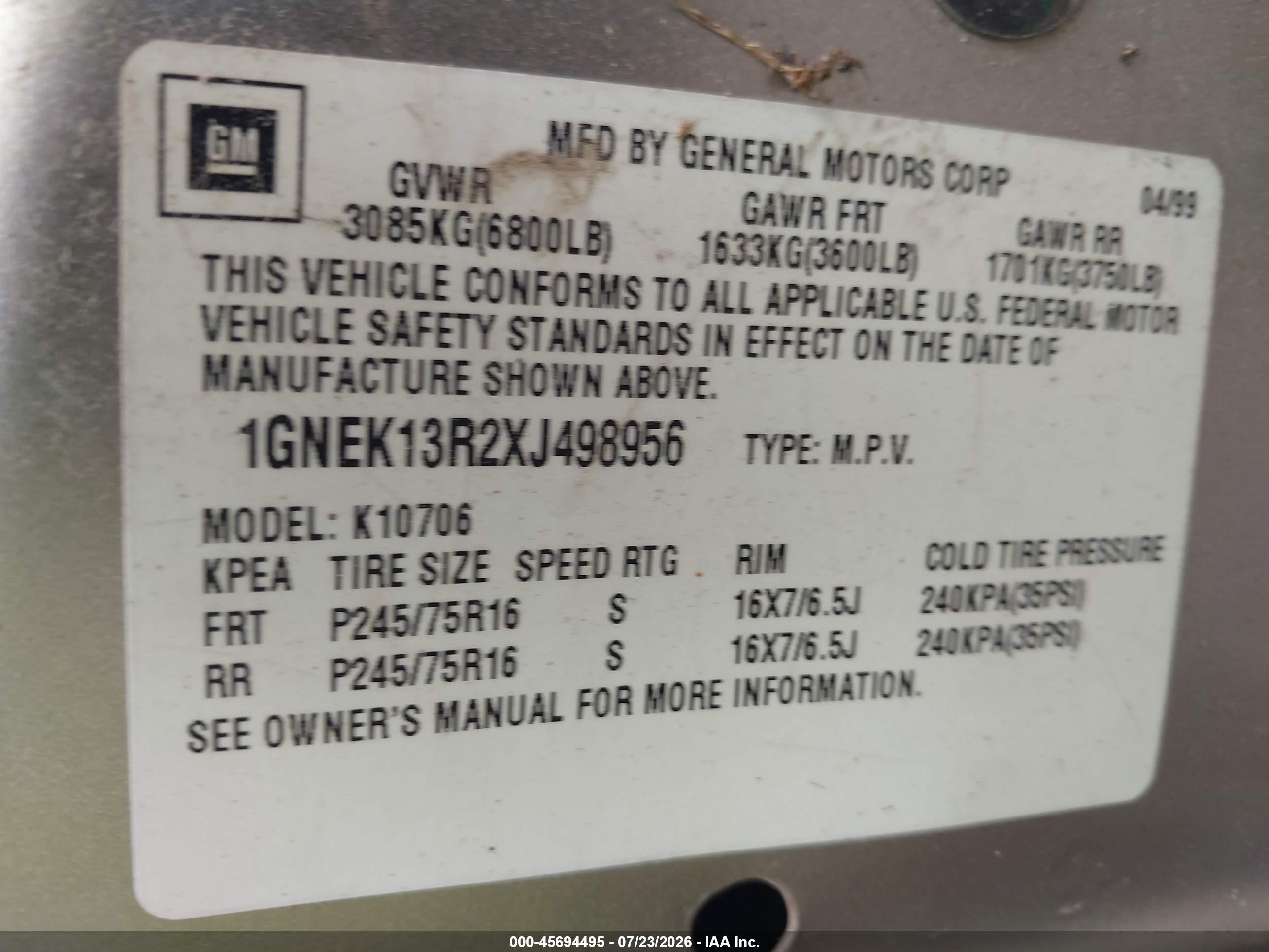 1999 Chevrolet Tahoe Ls Gold vin: 1GNEK13R2XJ498956
