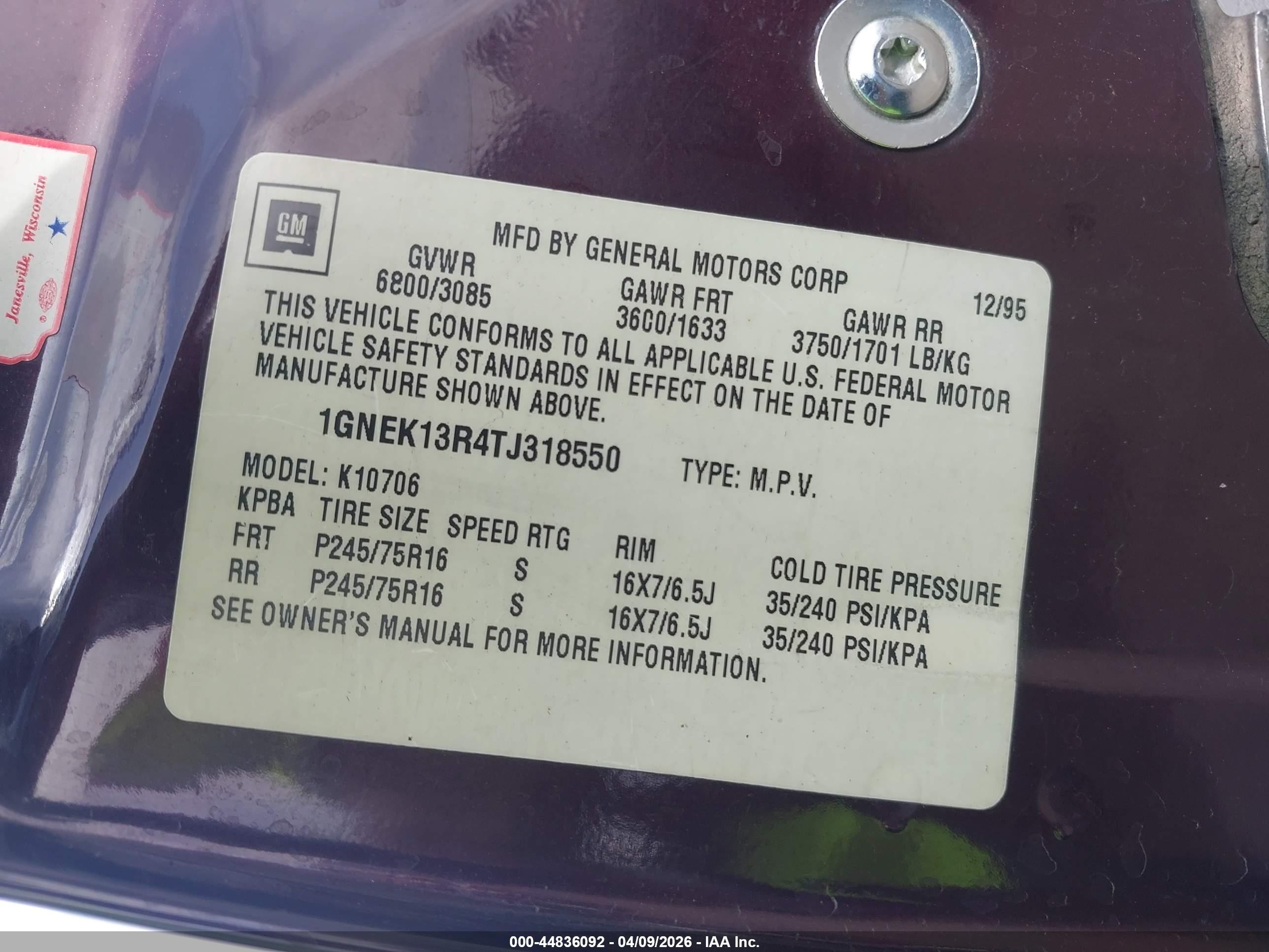1996 Chevrolet Tahoe K1500 Maroon vin: 1GNEK13R4TJ318550