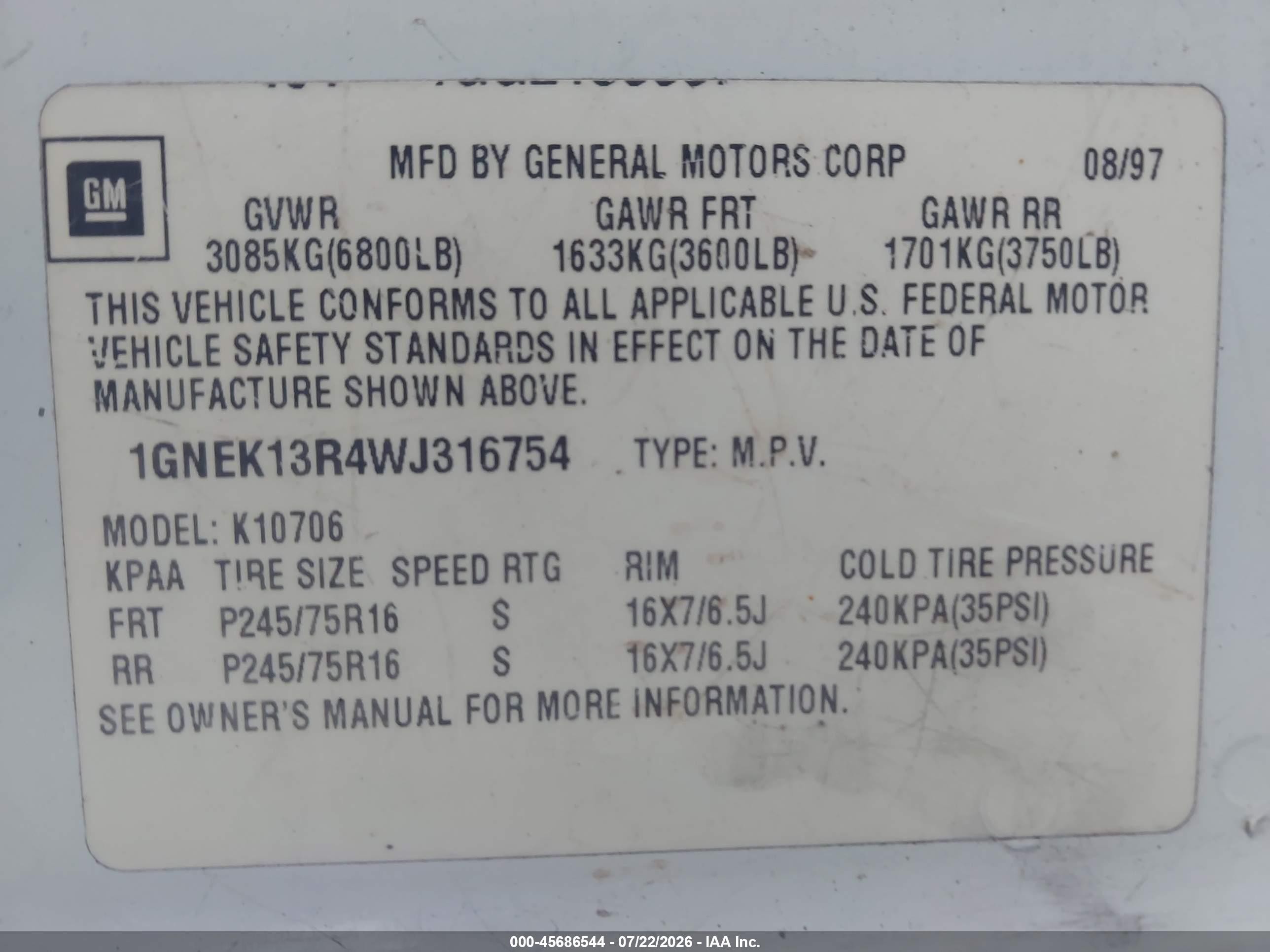 1998 Chevrolet Tahoe Ls White vin: 1GNEK13R4WJ316754
