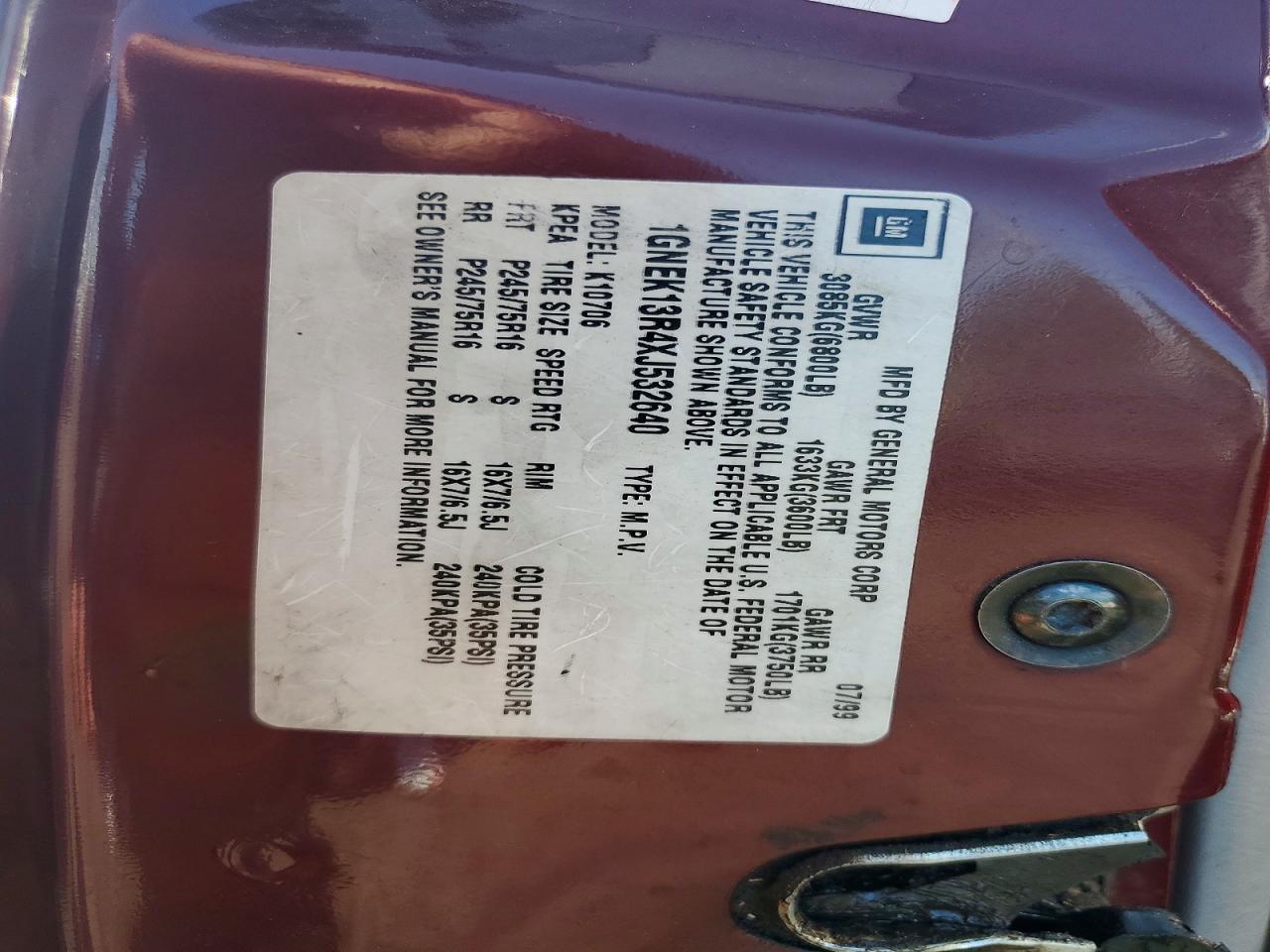 1999 Chevrolet Tahoe K1500 Burgundy vin: 1GNEK13R4XJ532640