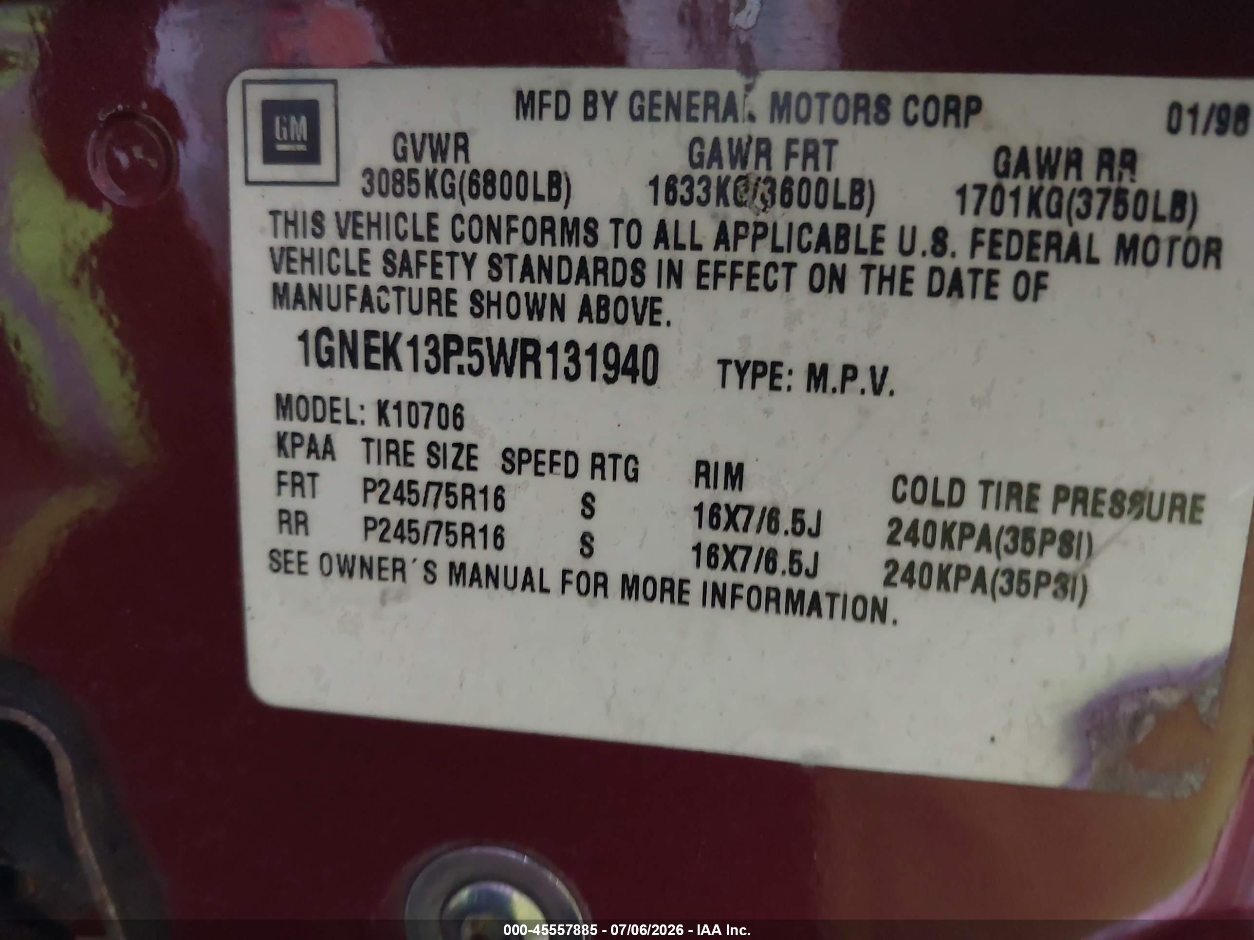 1998 Chevrolet Tahoe Ls Burgundy vin: 1GNEK13R5WR131940