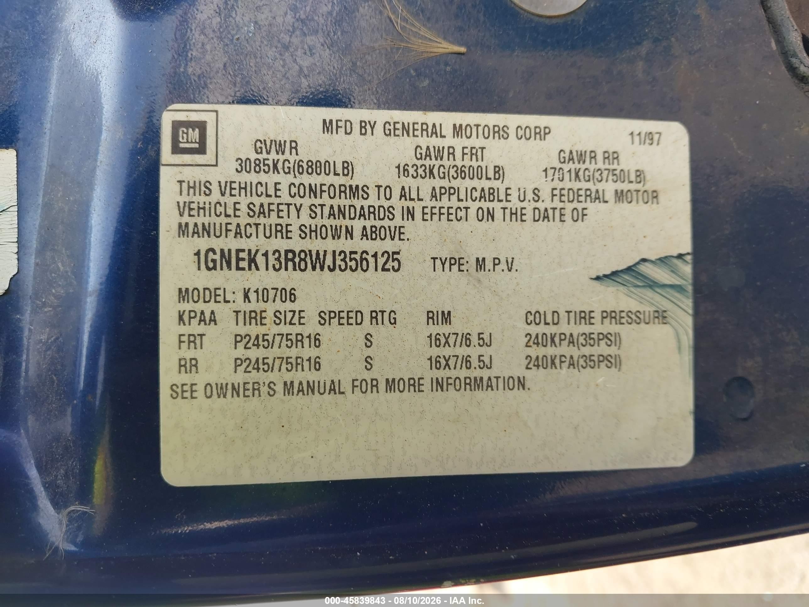 1998 Chevrolet Tahoe Ls Blue vin: 1GNEK13R8WJ356125