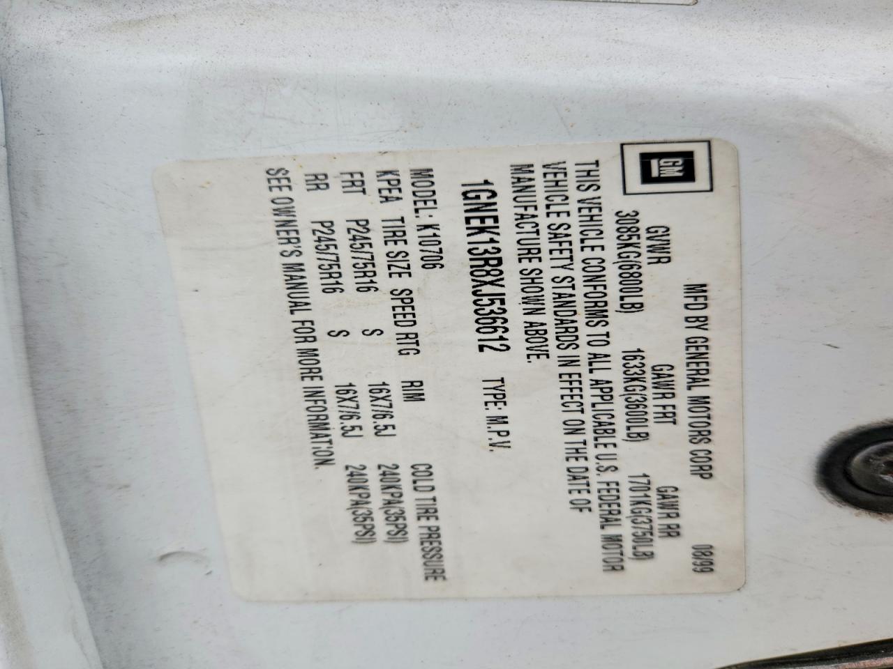 1999 Chevrolet Tahoe K1500 White vin: 1GNEK13R8XJ536612