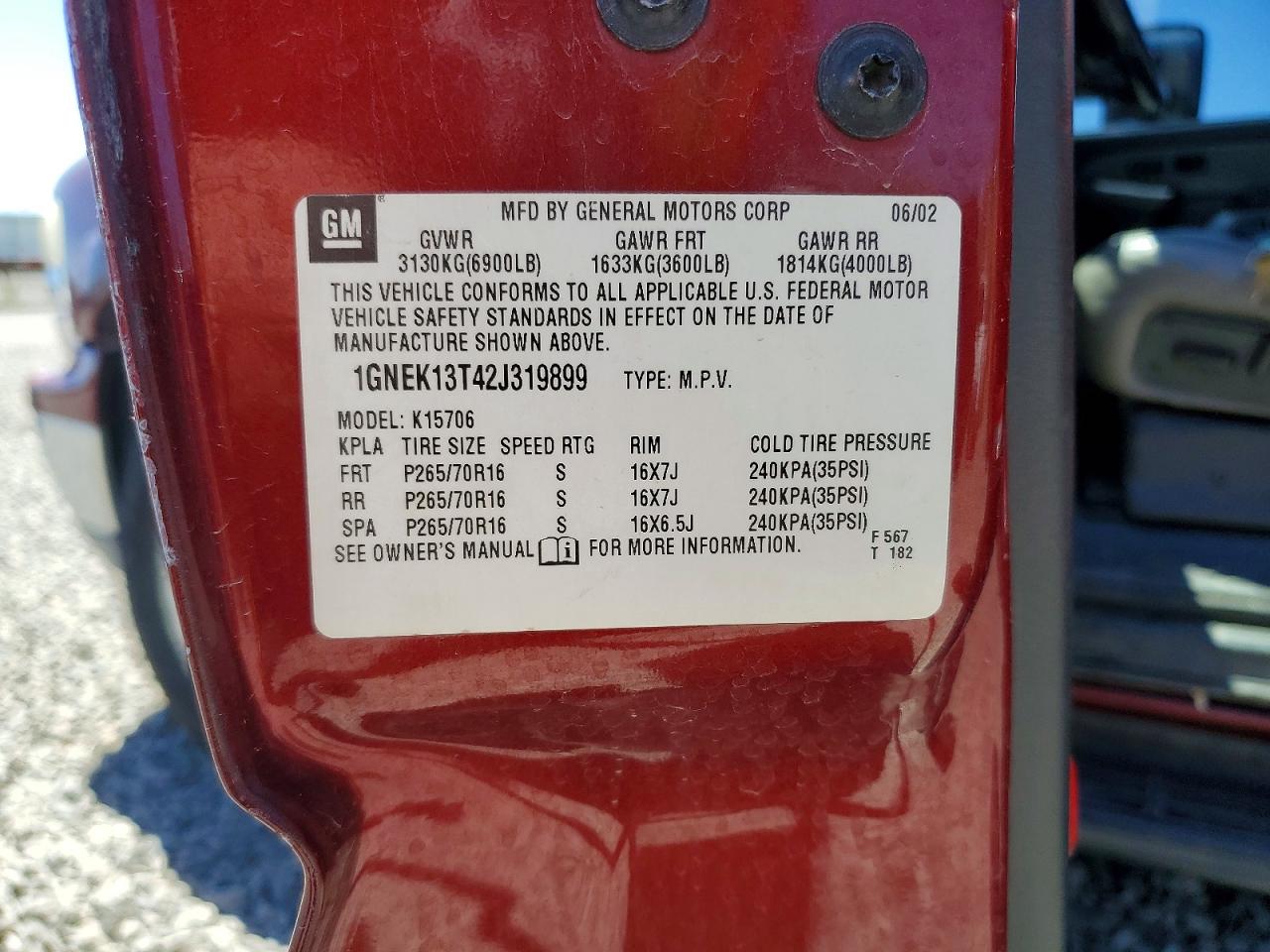 2002 Chevrolet Tahoe K1500 Burgundy vin: 1GNEK13T42J319899