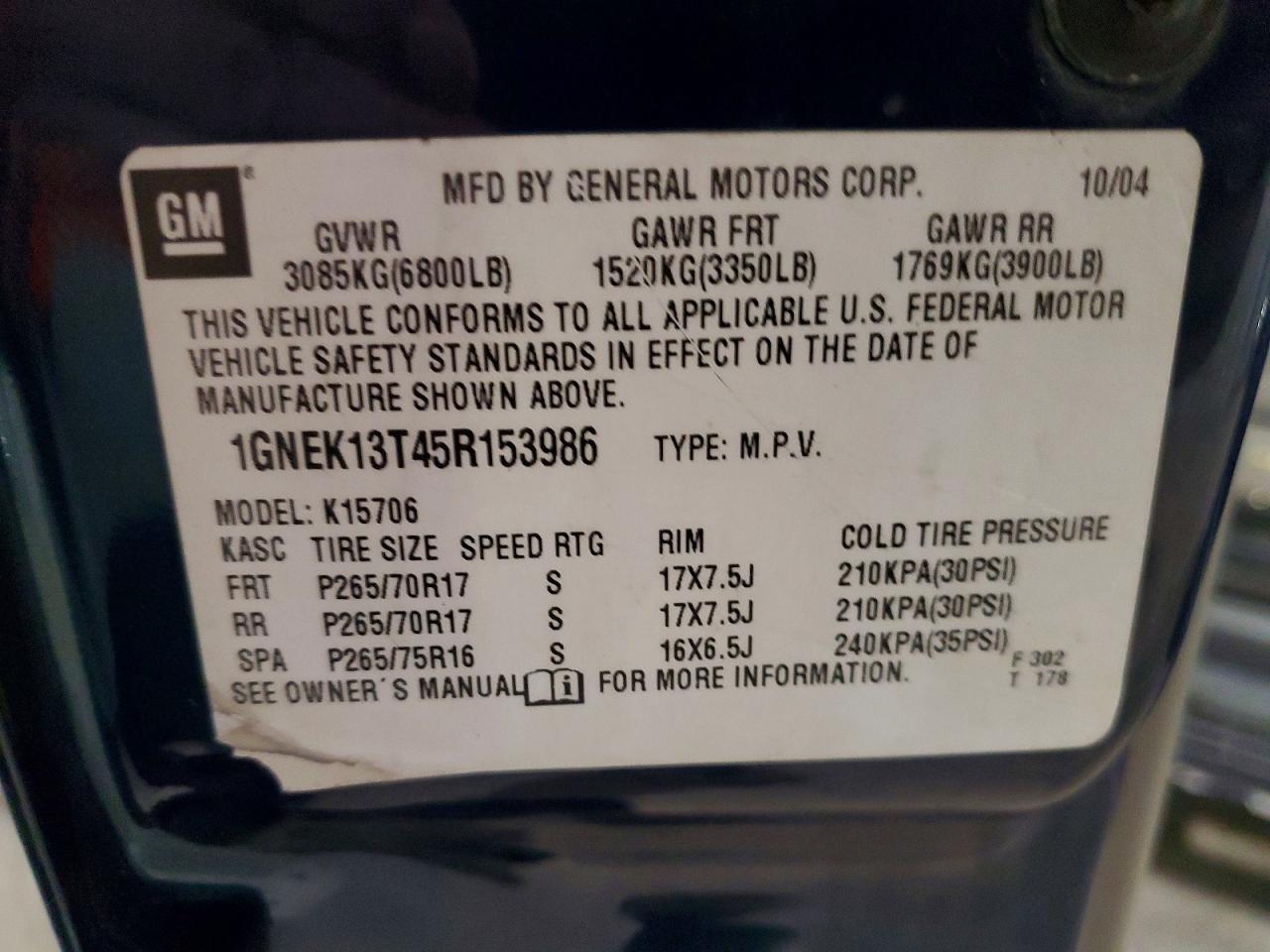 2005 Chevrolet Tahoe K1500 Blue vin: 1GNEK13T45R153986
