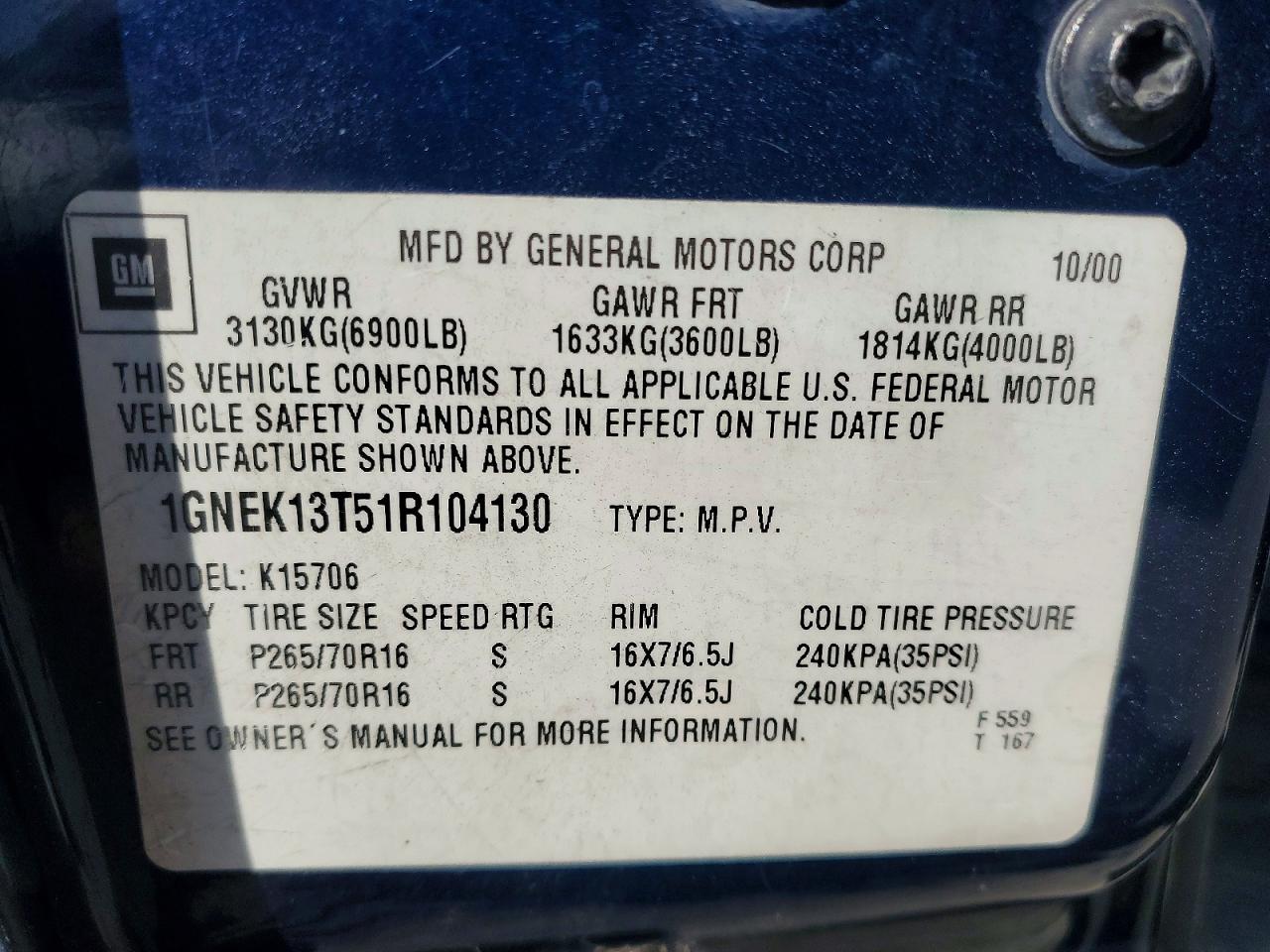2001 Chevrolet Tahoe K1500 Blue vin: 1GNEK13T51R104130