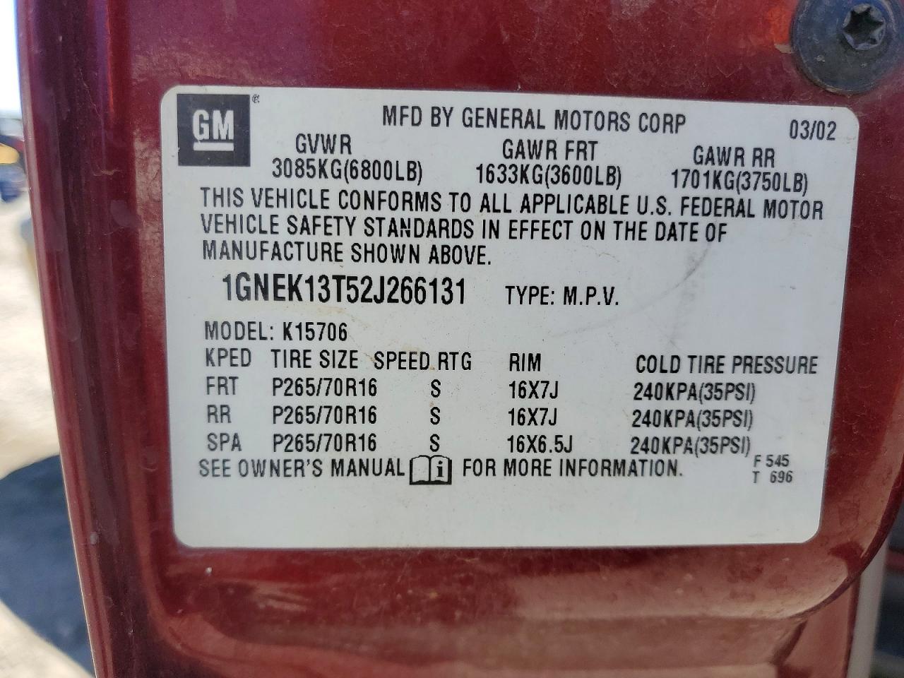 2002 Chevrolet Tahoe K1500 Burgundy vin: 1GNEK13T52J266131