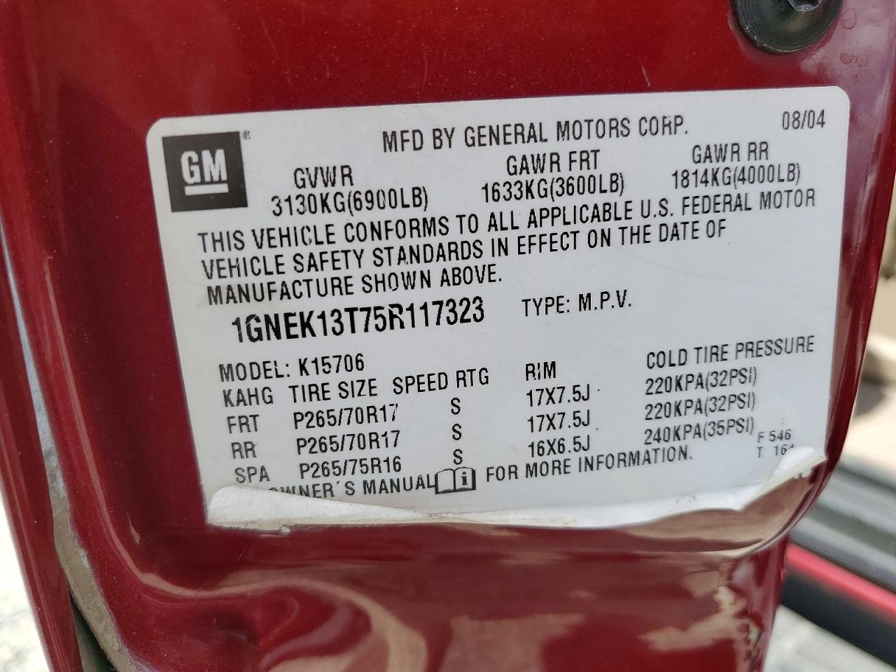 2005 Chevrolet Tahoe K1500 Burgundy vin: 1GNEK13T75R117323
