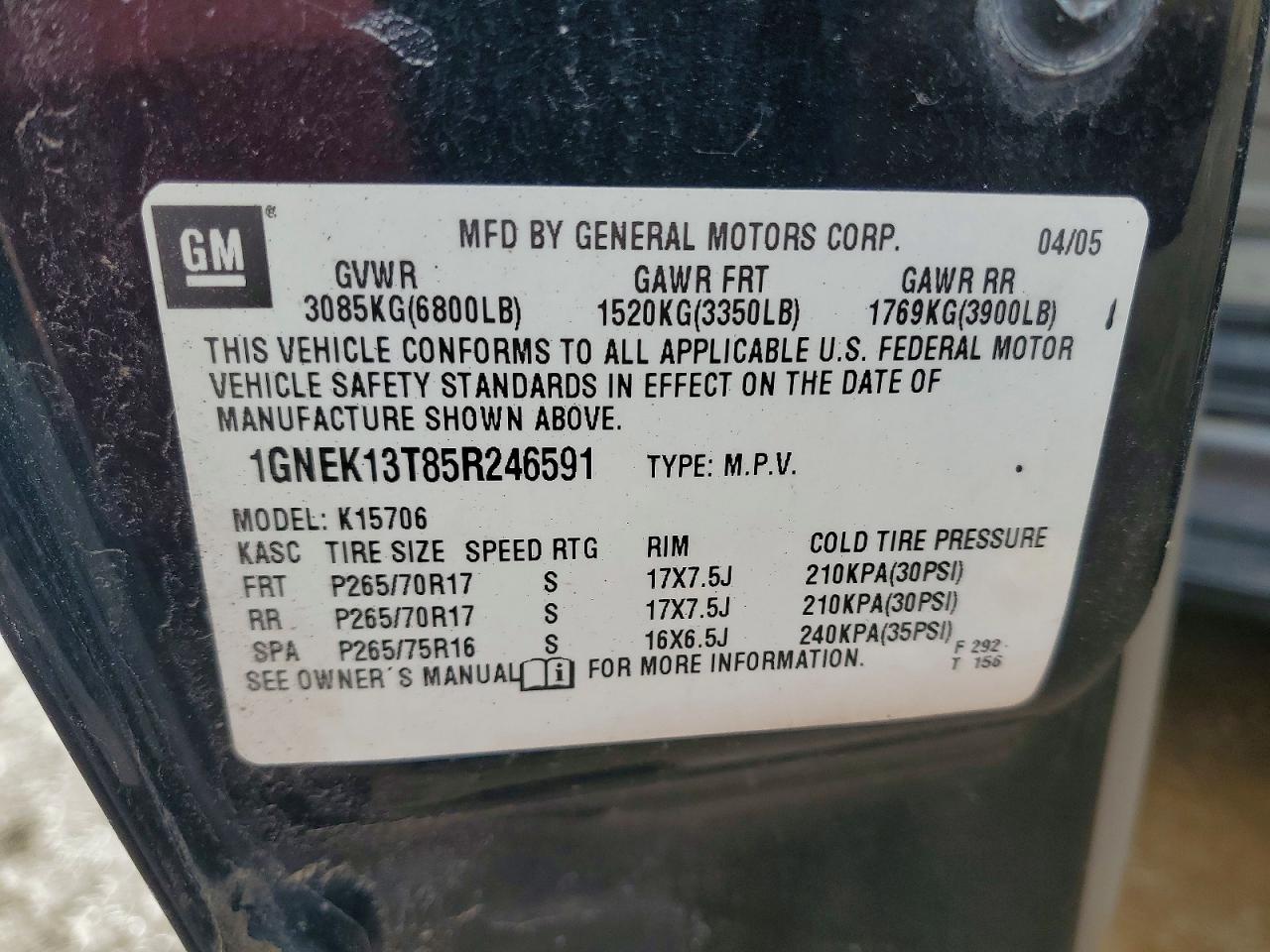 2005 Chevrolet Tahoe Black vin: 1GNEK13T85R246591
