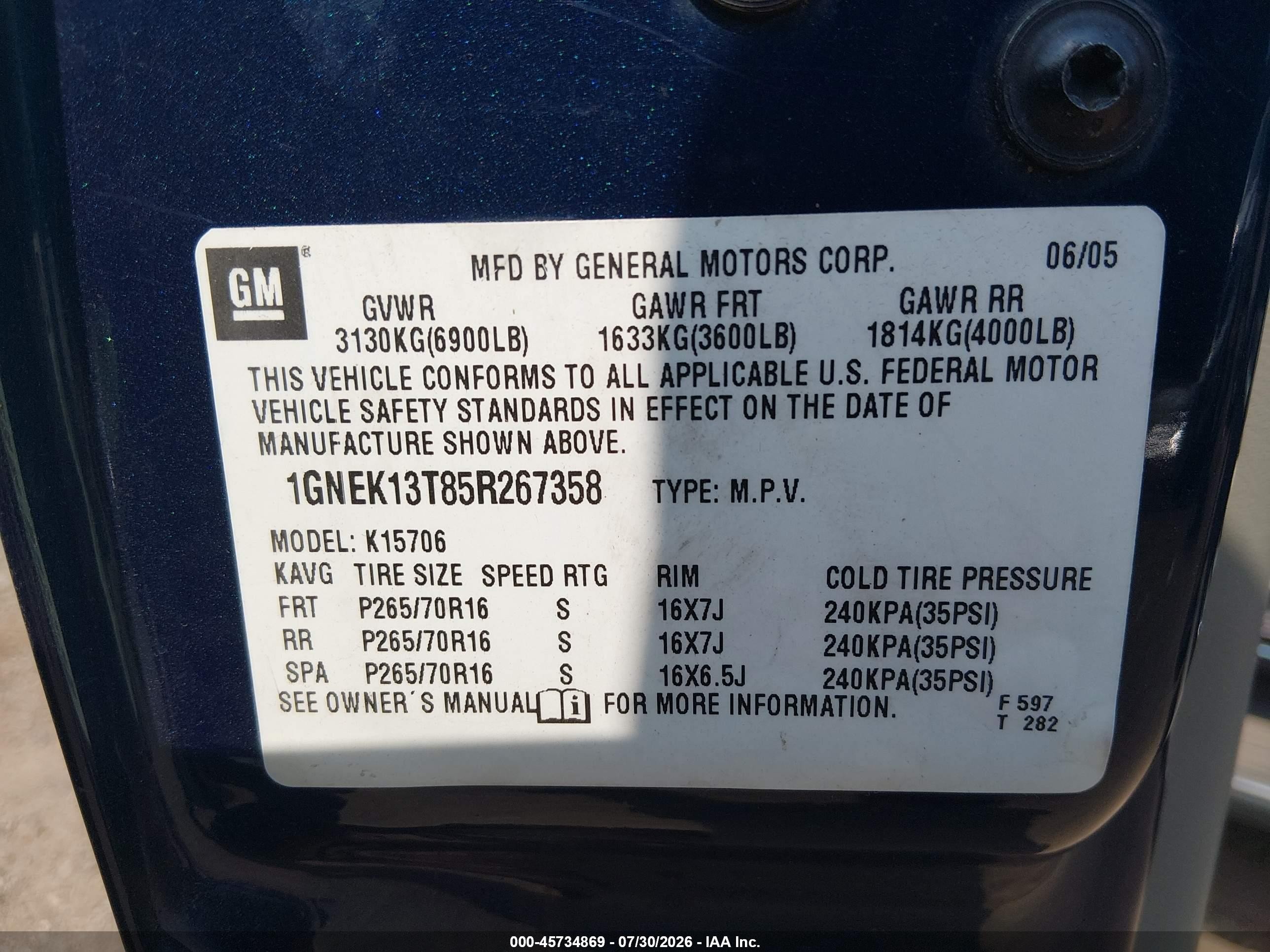 2005 Chevrolet Tahoe Ls Blue vin: 1GNEK13T85R267358