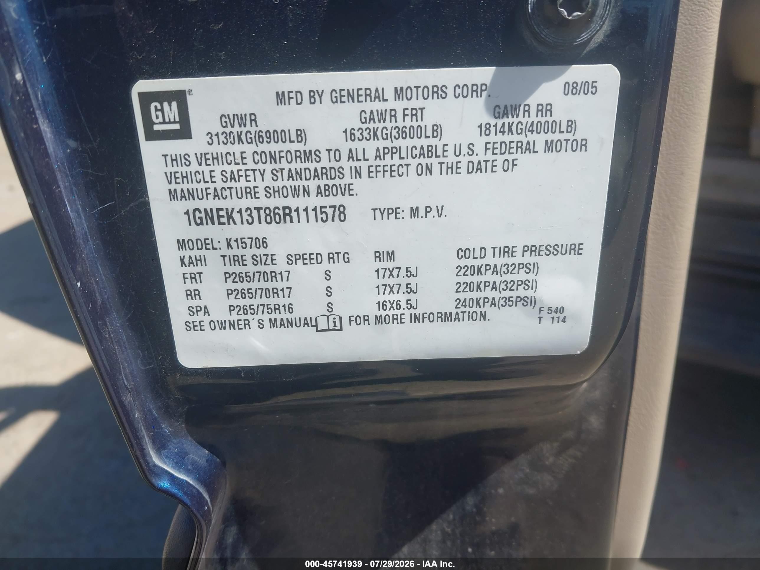2006 Chevrolet Tahoe Lt Blue vin: 1GNEK13T86R111578