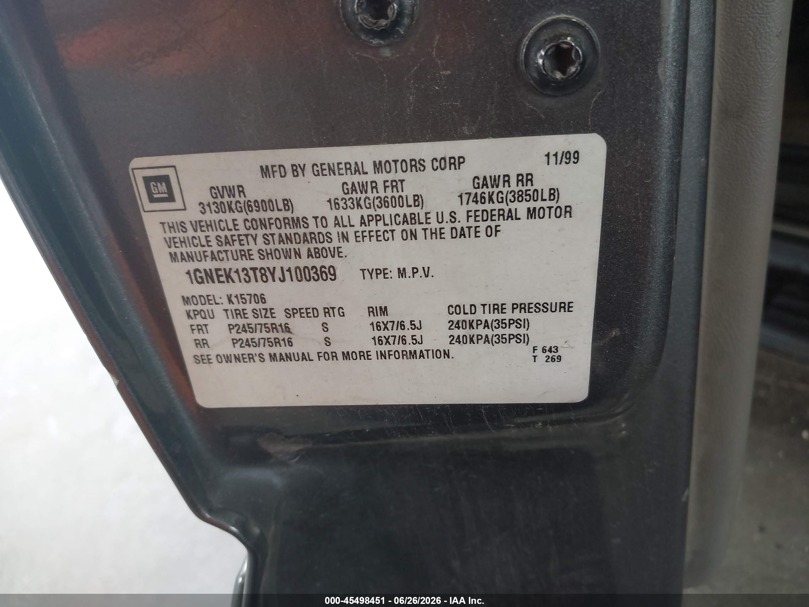 2000 Chevrolet Tahoe All New Lt Gray vin: 1GNEK13T8YJ100369