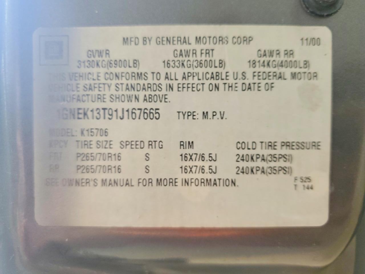 2001 Chevrolet Tahoe K1500 Gray vin: 1GNEK13T91J167665