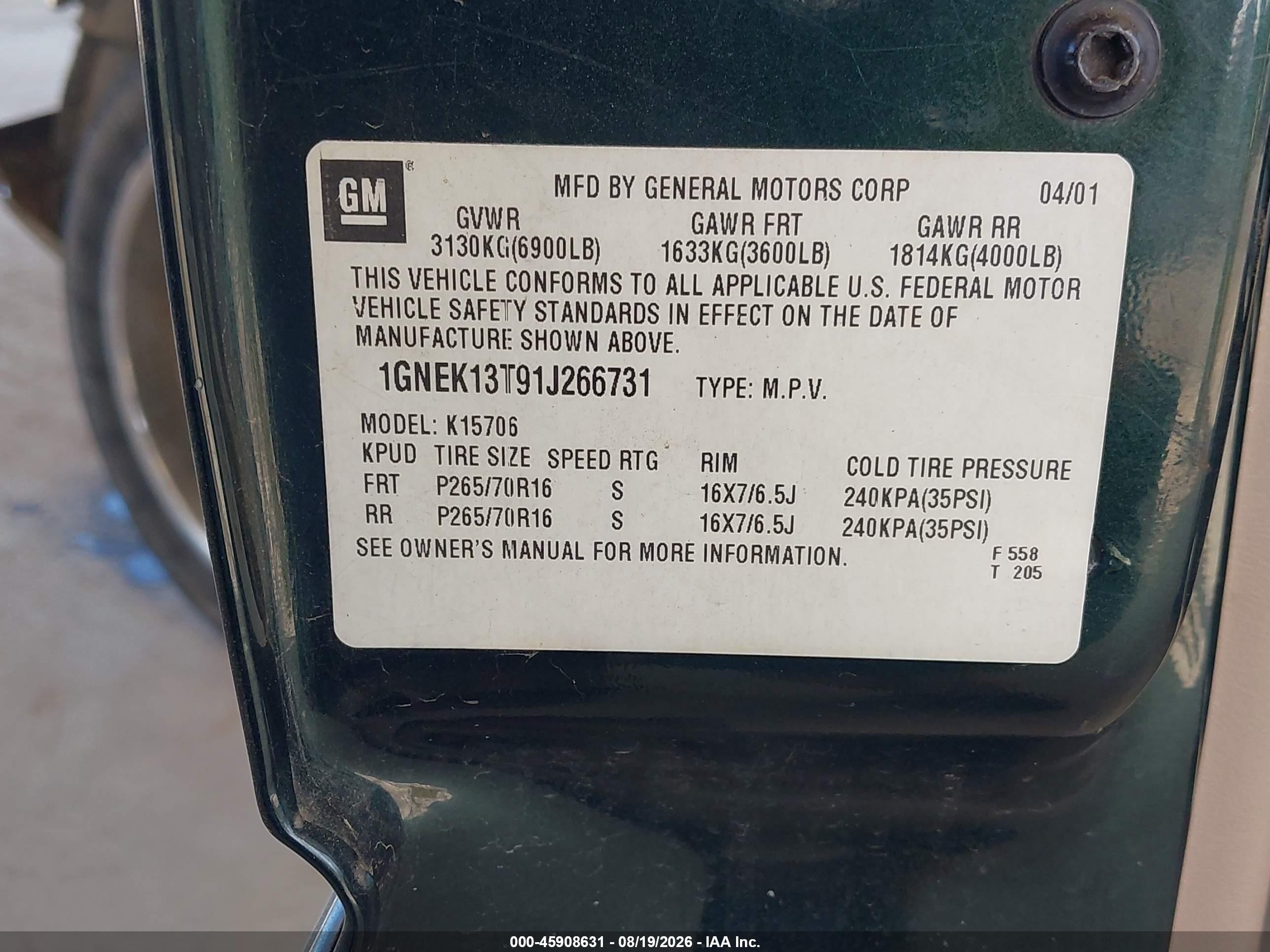 2001 Chevrolet Tahoe Lt Зеленый vin: 1GNEK13T91J266731