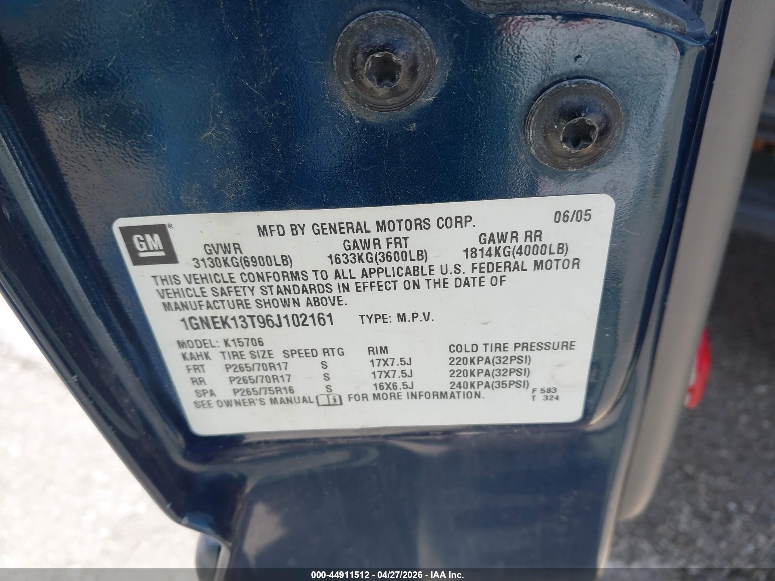 2006 Chevrolet Tahoe Lt Blue vin: 1GNEK13T96J102161