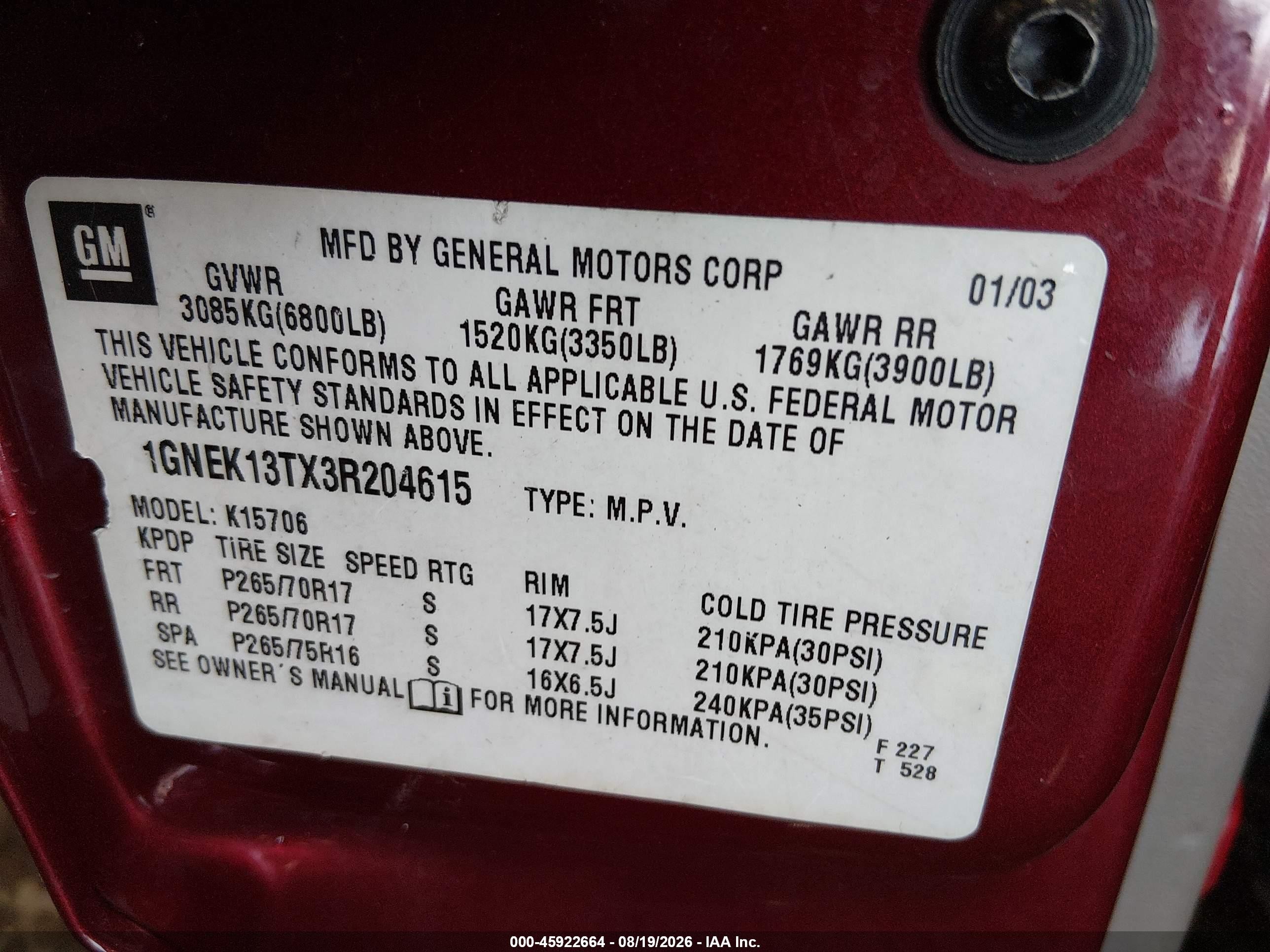2003 Chevrolet Tahoe Z71 Red vin: 1GNEK13TX3R204615