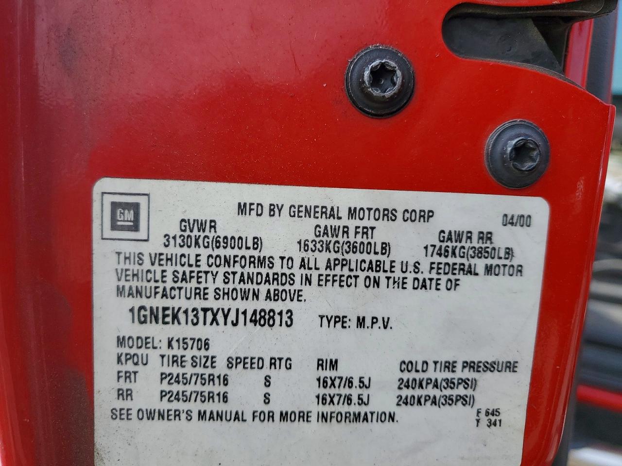 2000 Chevrolet Tahoe K1500 Red vin: 1GNEK13TXYJ148813