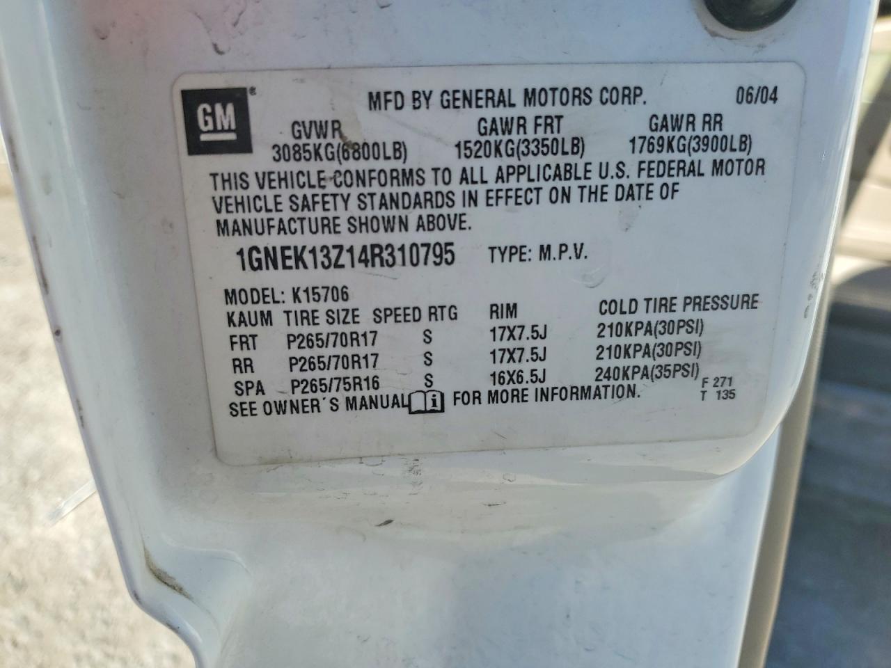 2004 Chevrolet Tahoe K1500 White vin: 1GNEK13Z14R310795