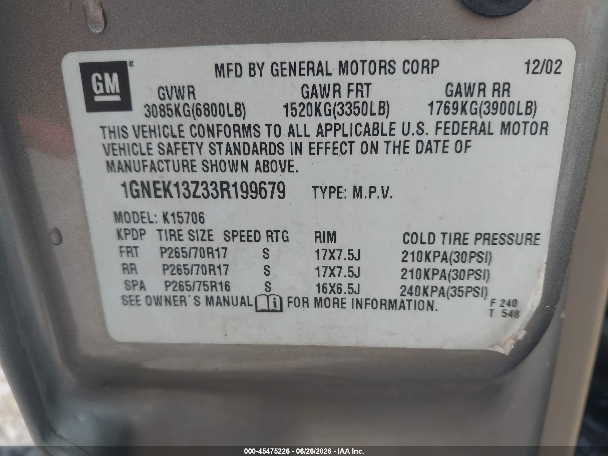 2003 Chevrolet Tahoe Z71 Brown vin: 1GNEK13Z33R199679