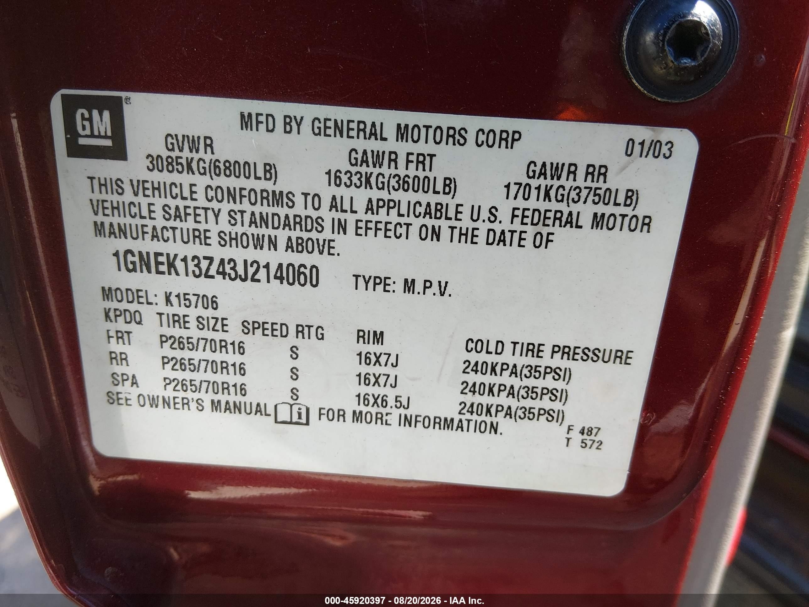 2003 Chevrolet Tahoe Ls Red vin: 1GNEK13Z43J214060