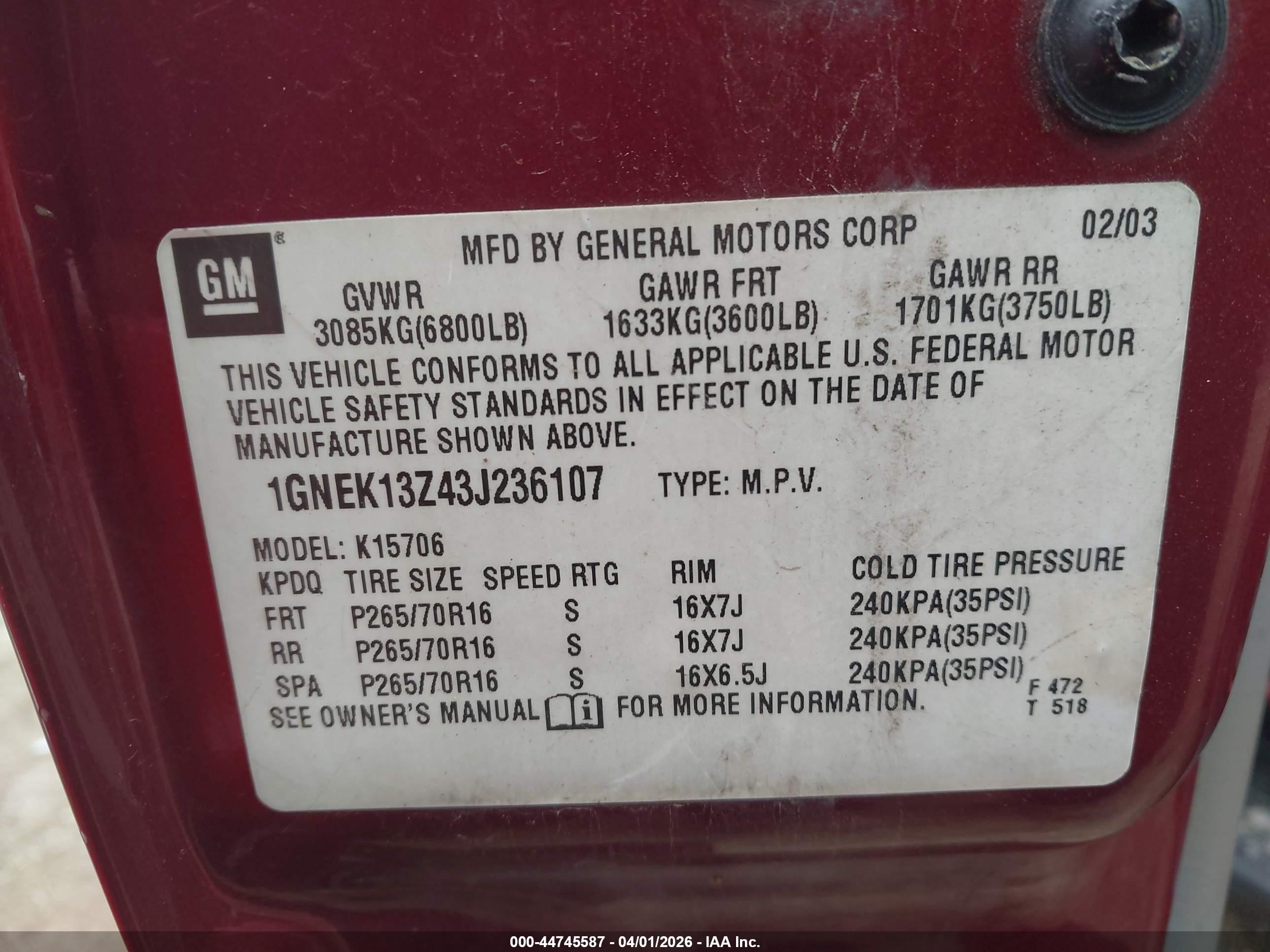 2003 Chevrolet Tahoe Ls Maroon vin: 1GNEK13Z43J236107