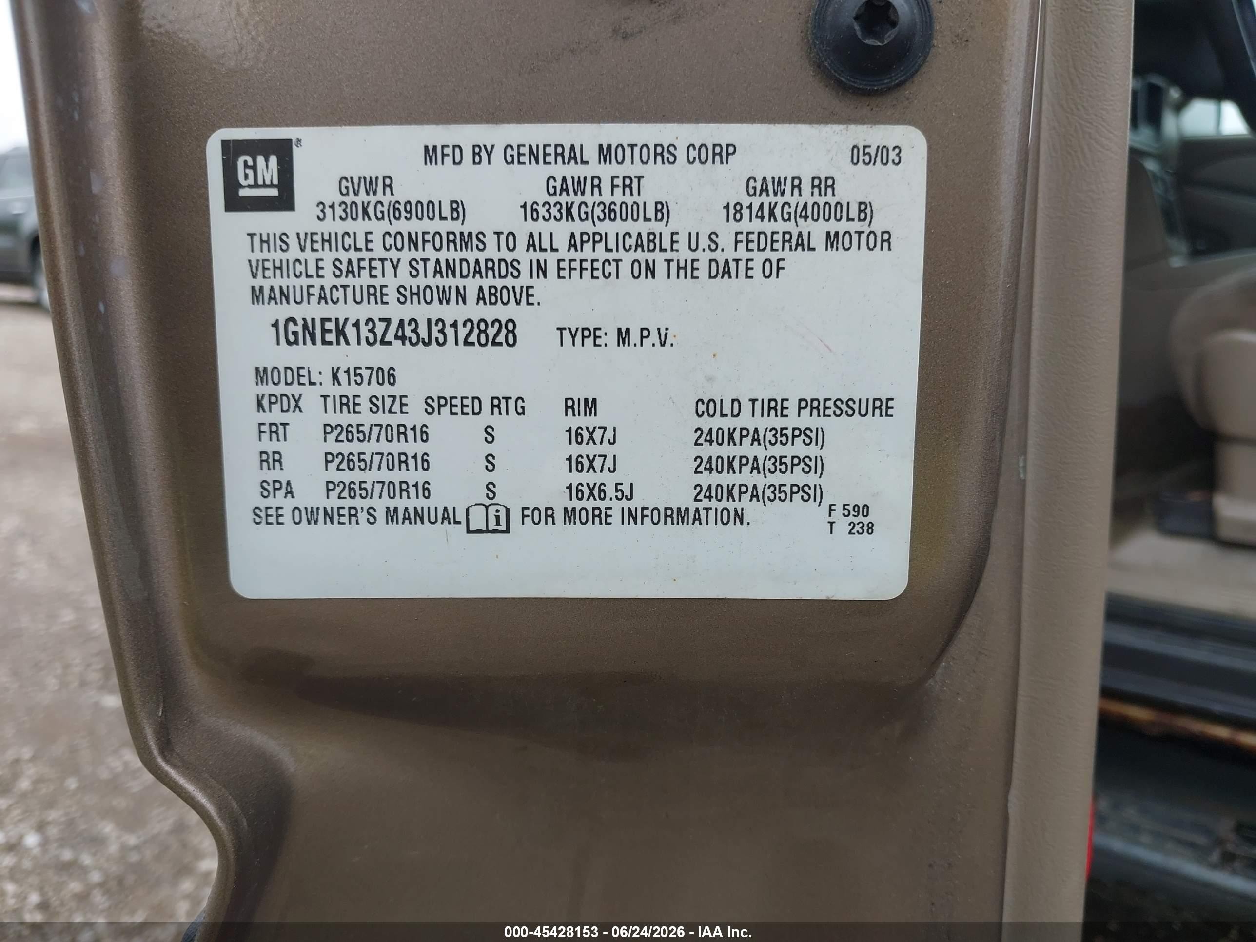 2003 Chevrolet Tahoe Ls Brown vin: 1GNEK13Z43J312828