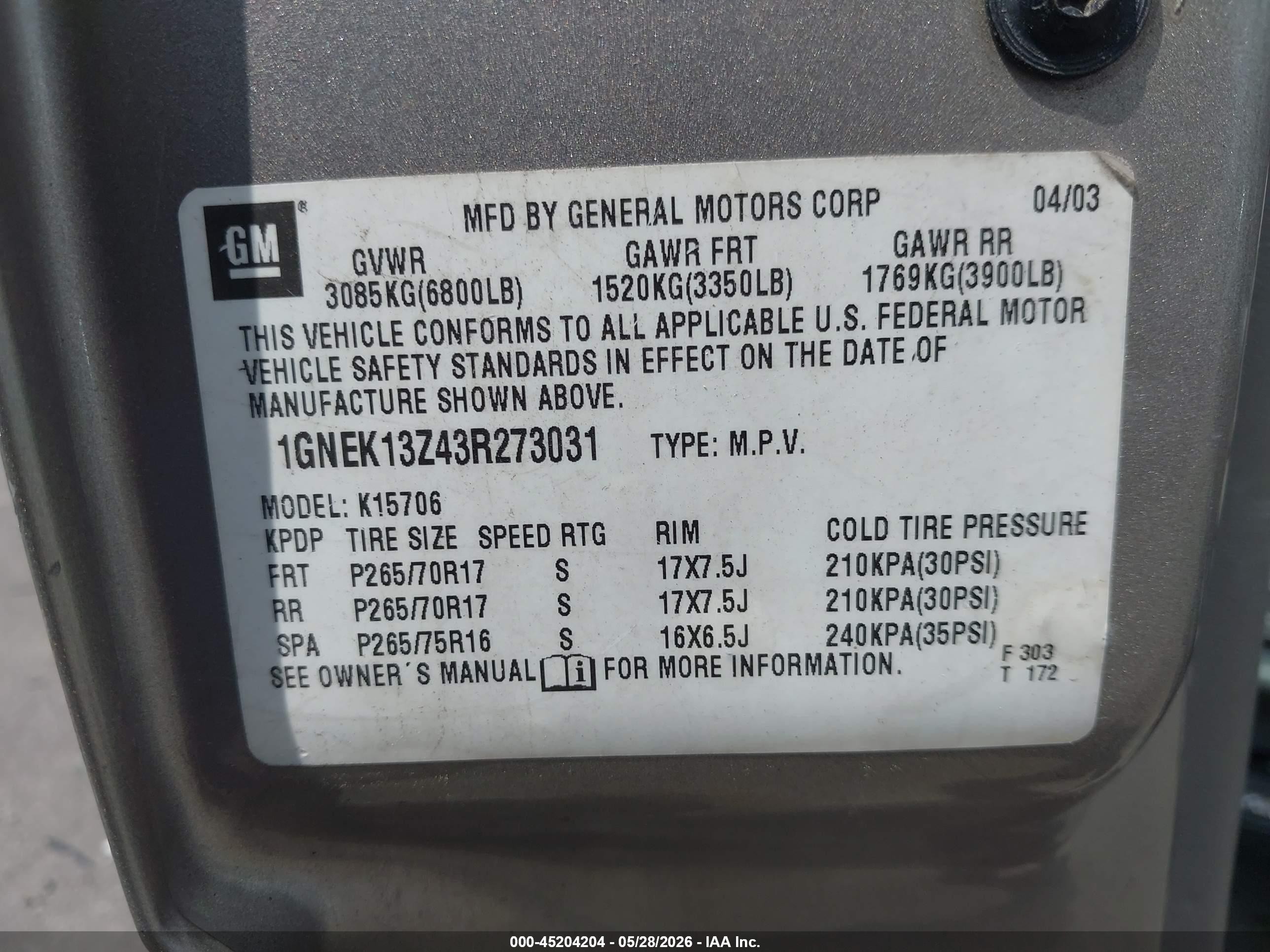 2003 Chevrolet Tahoe Z71 Silver vin: 1GNEK13Z43R273031