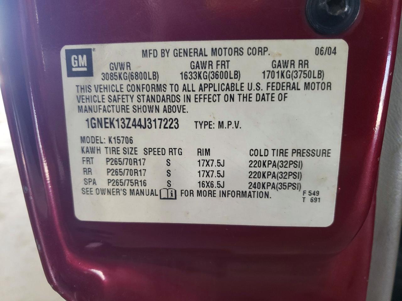2004 Chevrolet Tahoe K1500 Burgundy vin: 1GNEK13Z44J317223