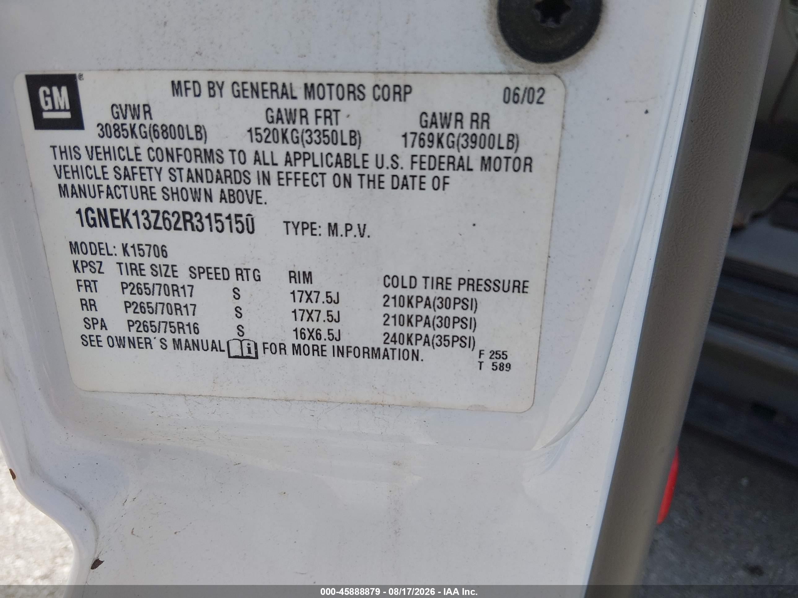2002 Chevrolet Tahoe Z71 White vin: 1GNEK13Z62R315150