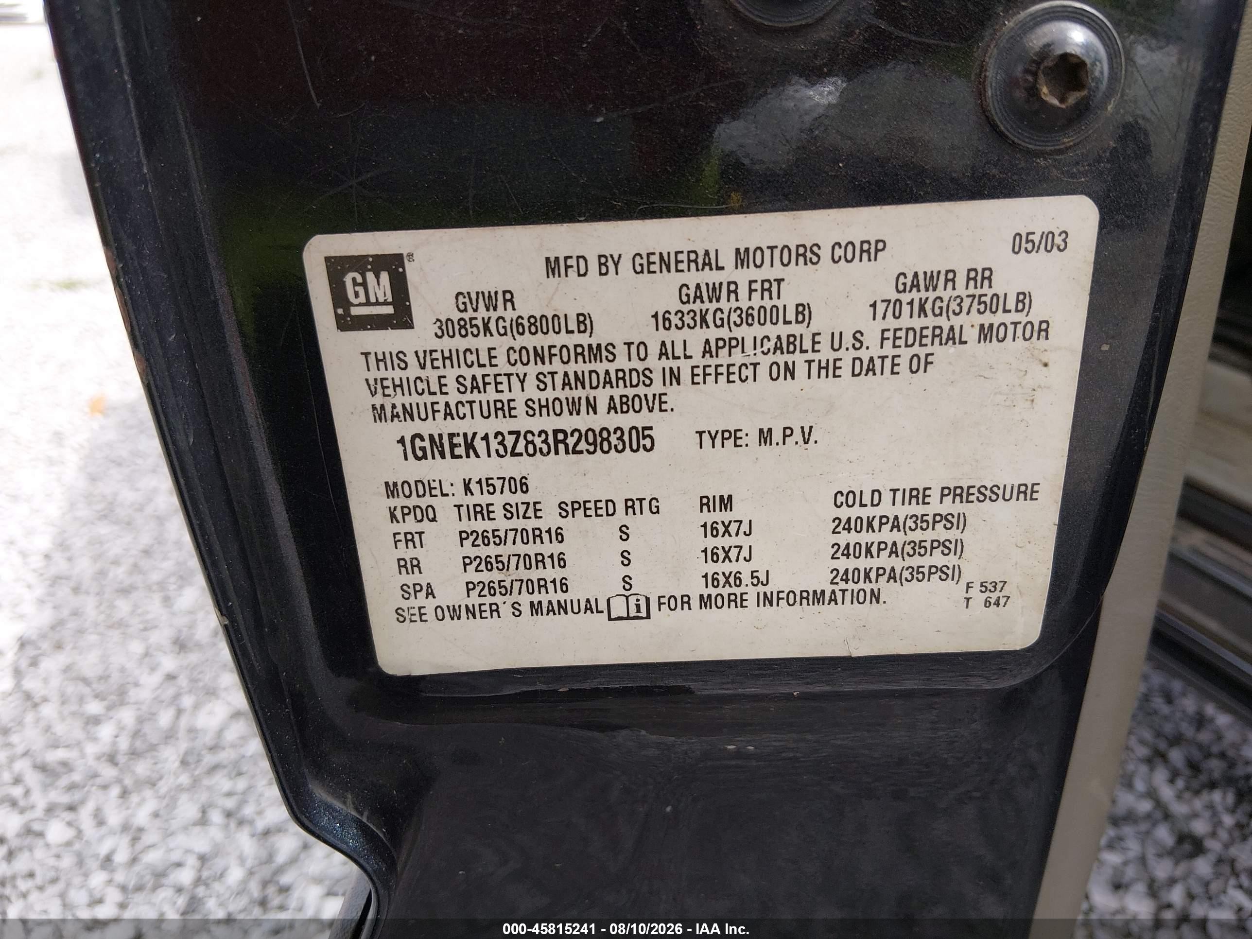 2003 Chevrolet Tahoe Lt Black vin: 1GNEK13Z83R298305