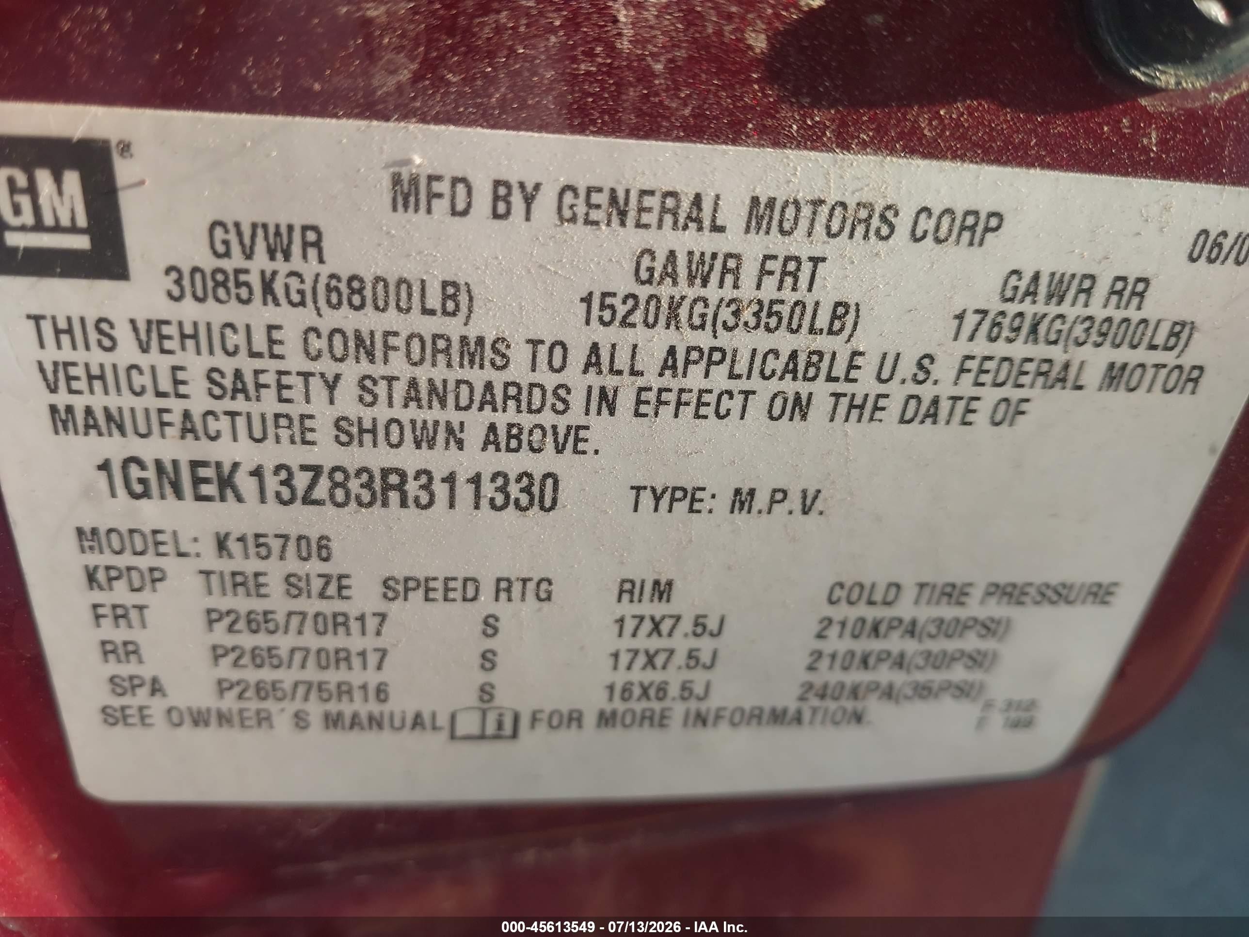 2003 Chevrolet Tahoe Z71 Burgundy vin: 1GNEK13Z83R311330