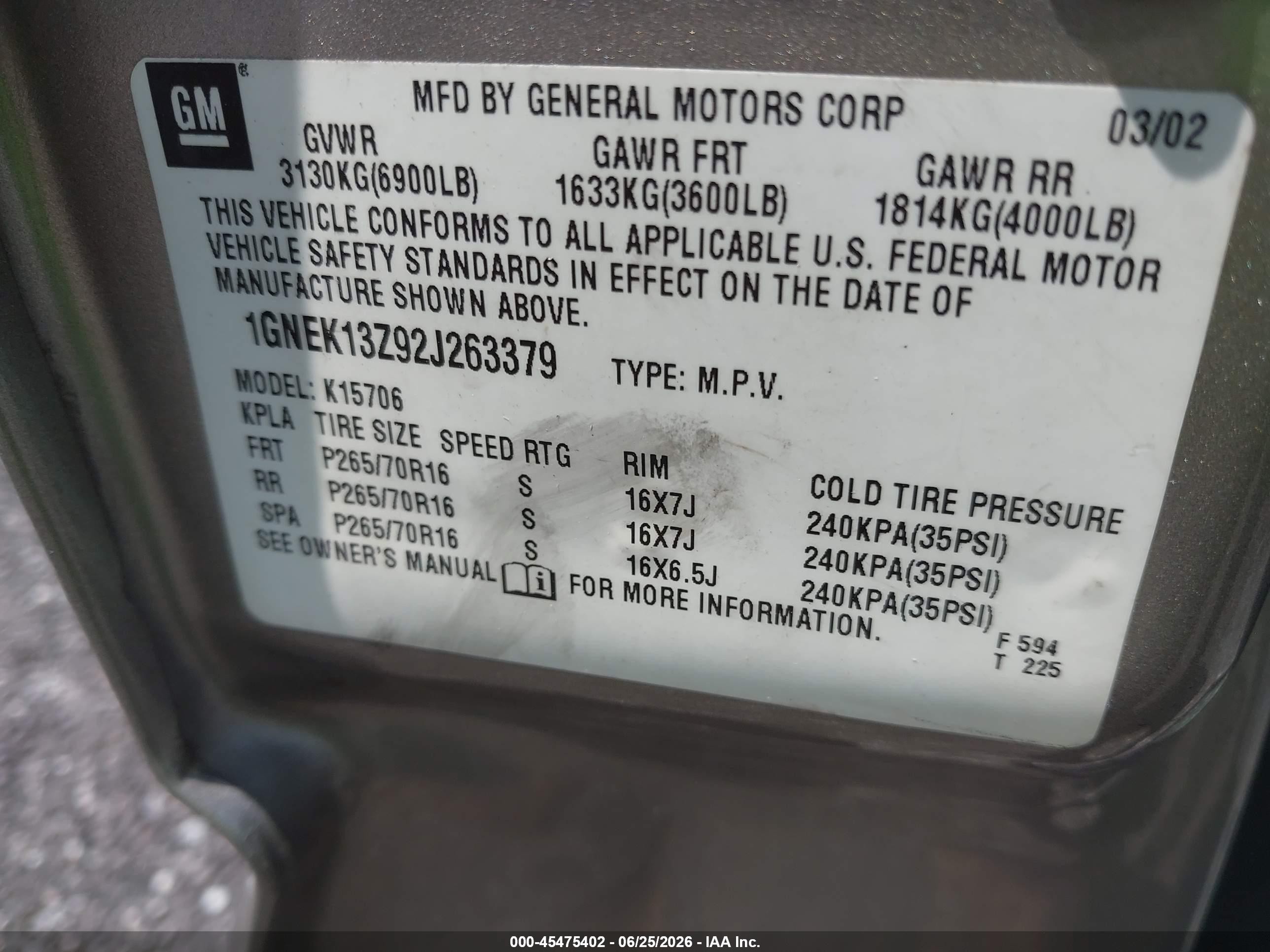 2002 Chevrolet Tahoe Lt Champagne vin: 1GNEK13Z92J263379