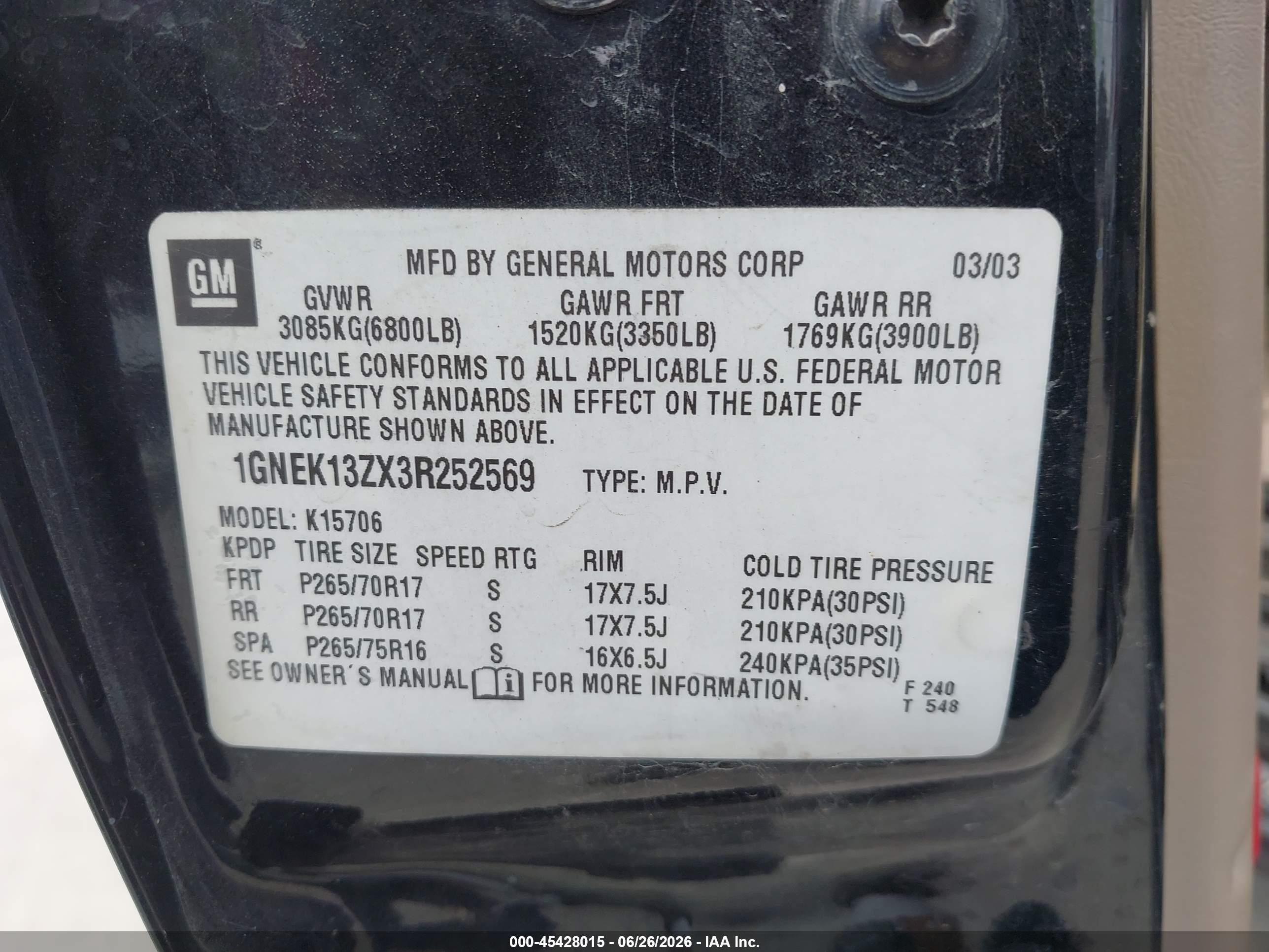 2003 Chevrolet Tahoe Z71 Black vin: 1GNEK13ZX3R252569