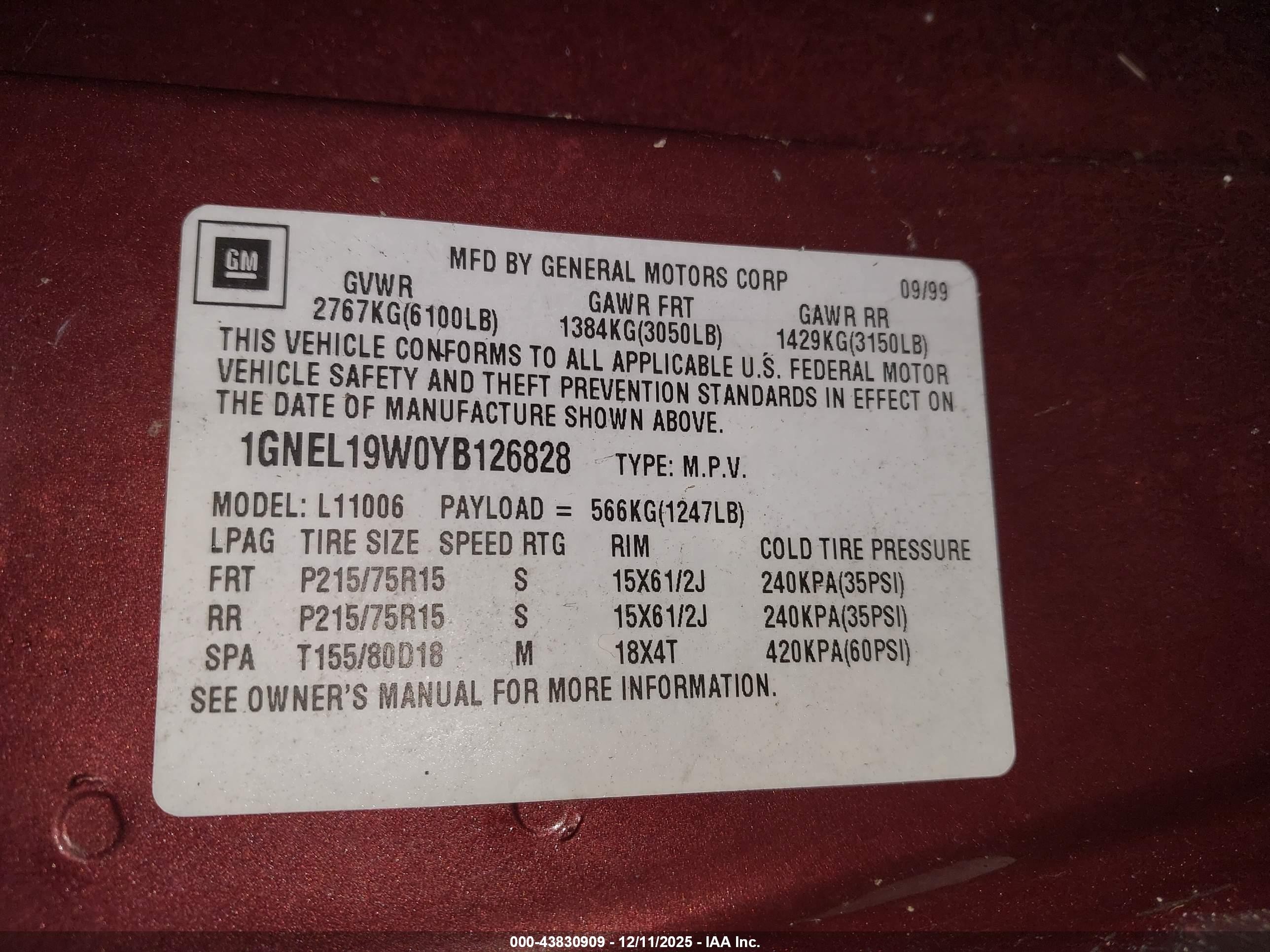 2000 Chevrolet Astro   Maroon vin: 1GNEL19W0YB126828