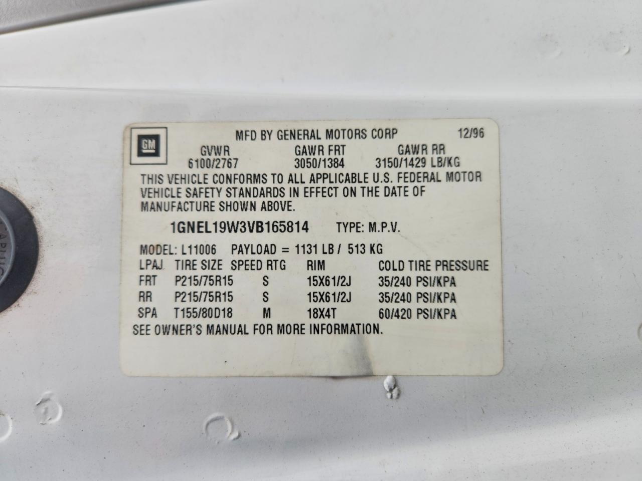 1997 Chevrolet Astro White vin: 1GNEL19W3VB165814