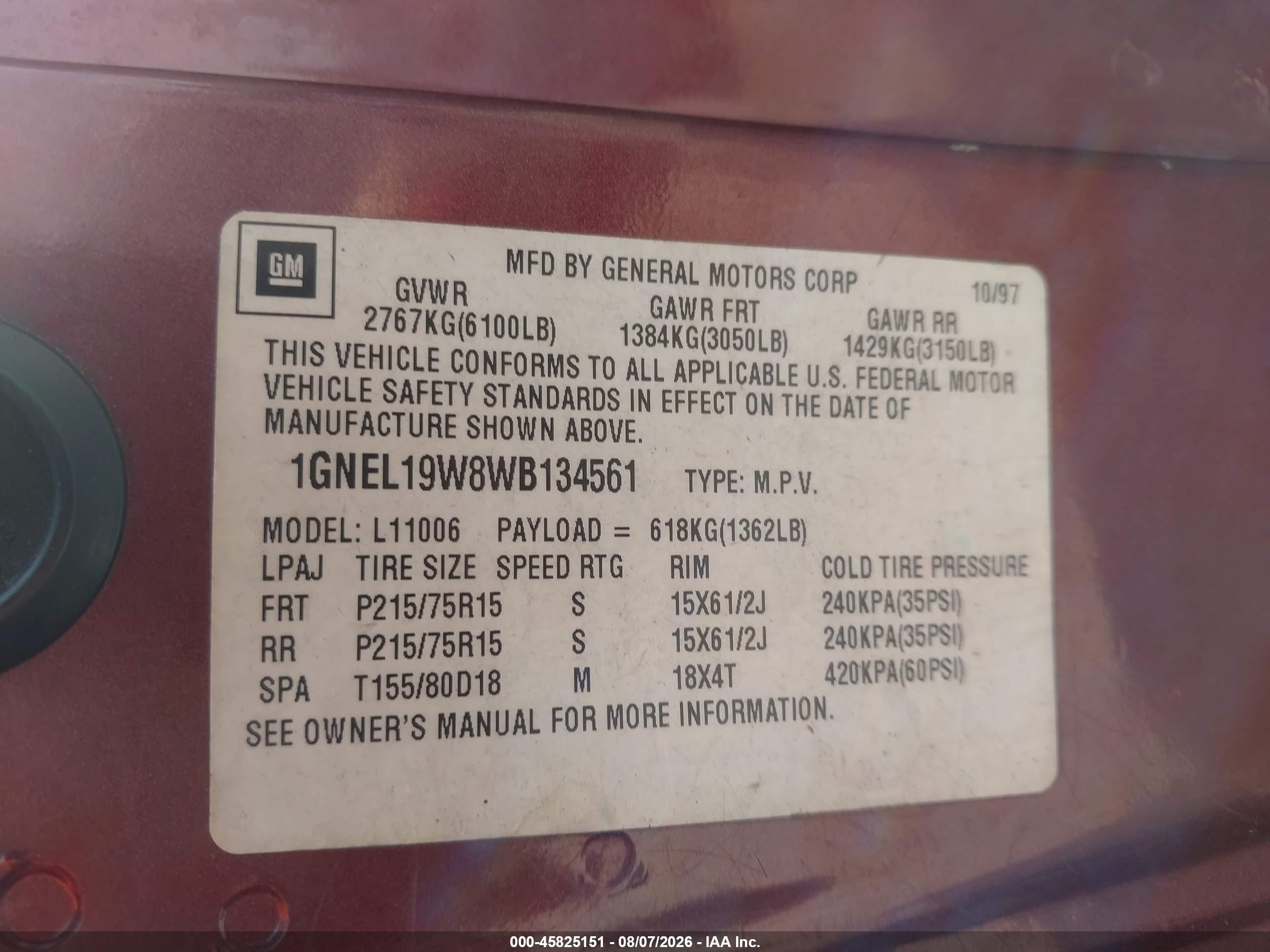 1998 Chevrolet Astro Passenger   Red vin: 1GNEL19W8WB134561