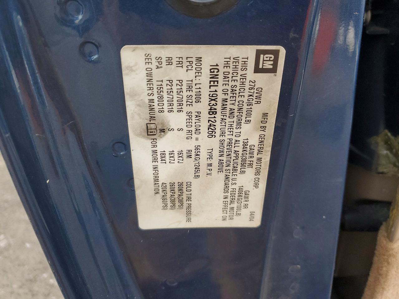 2004 Chevrolet Astro Blue vin: 1GNEL19X34EB12426
