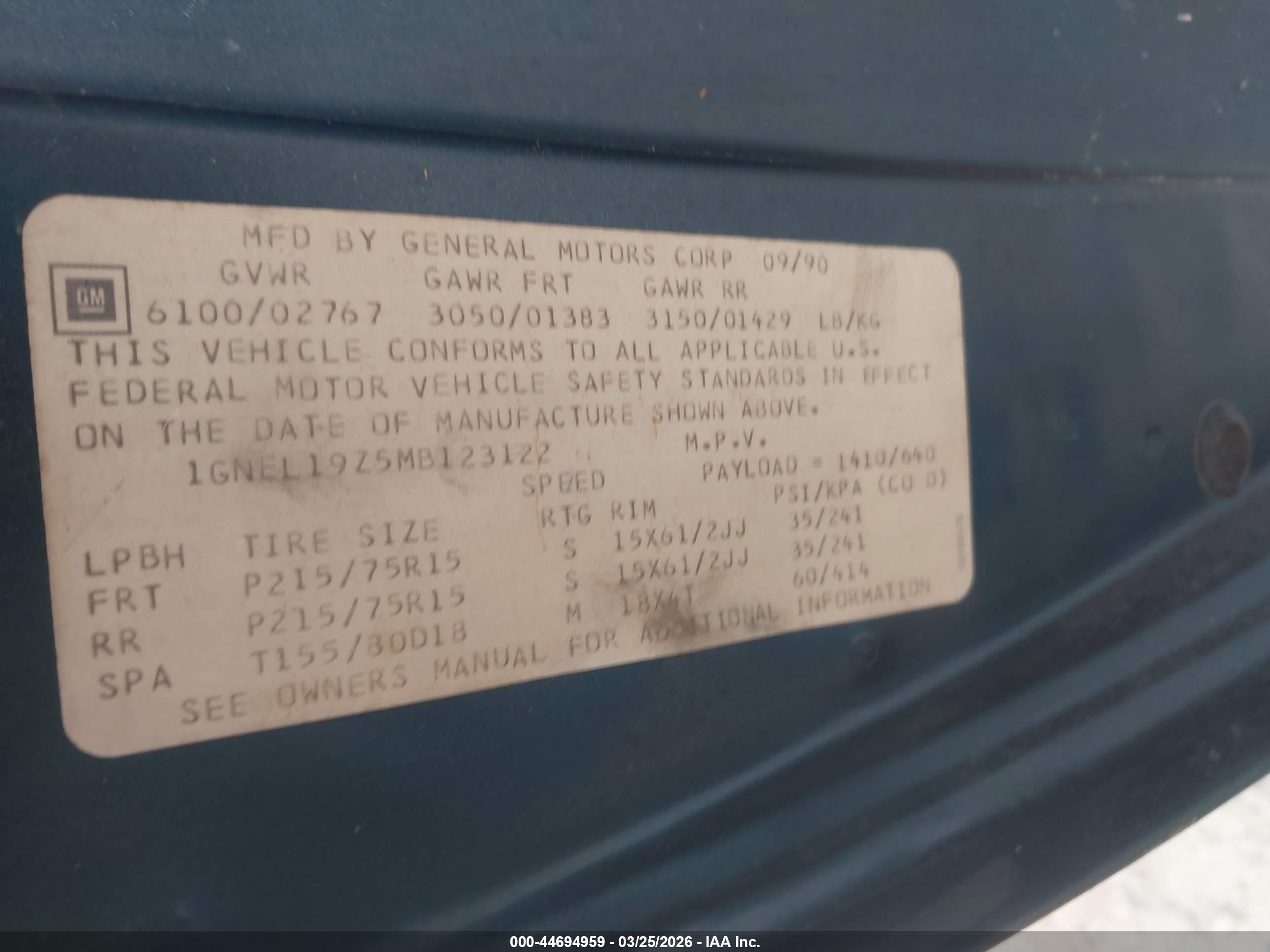 1991 Chevrolet Astro   Blue vin: 1GNEL19Z5MB123122