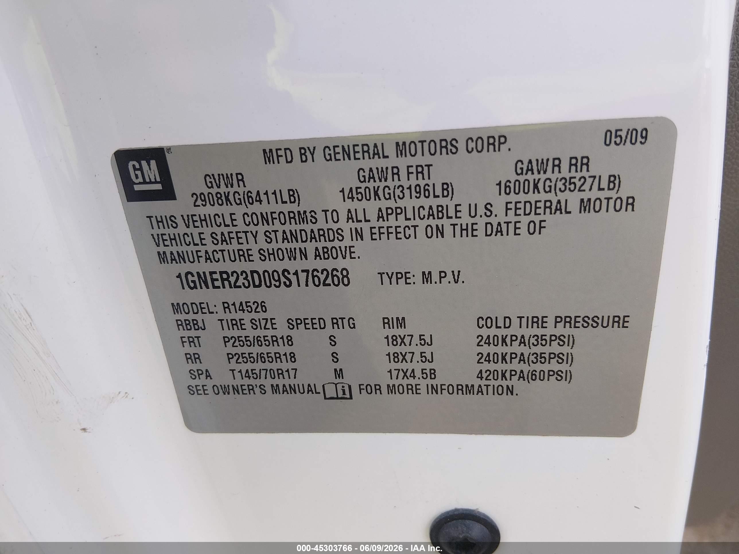 2009 Chevrolet Traverse Lt White vin: 1GNER23D09S176268