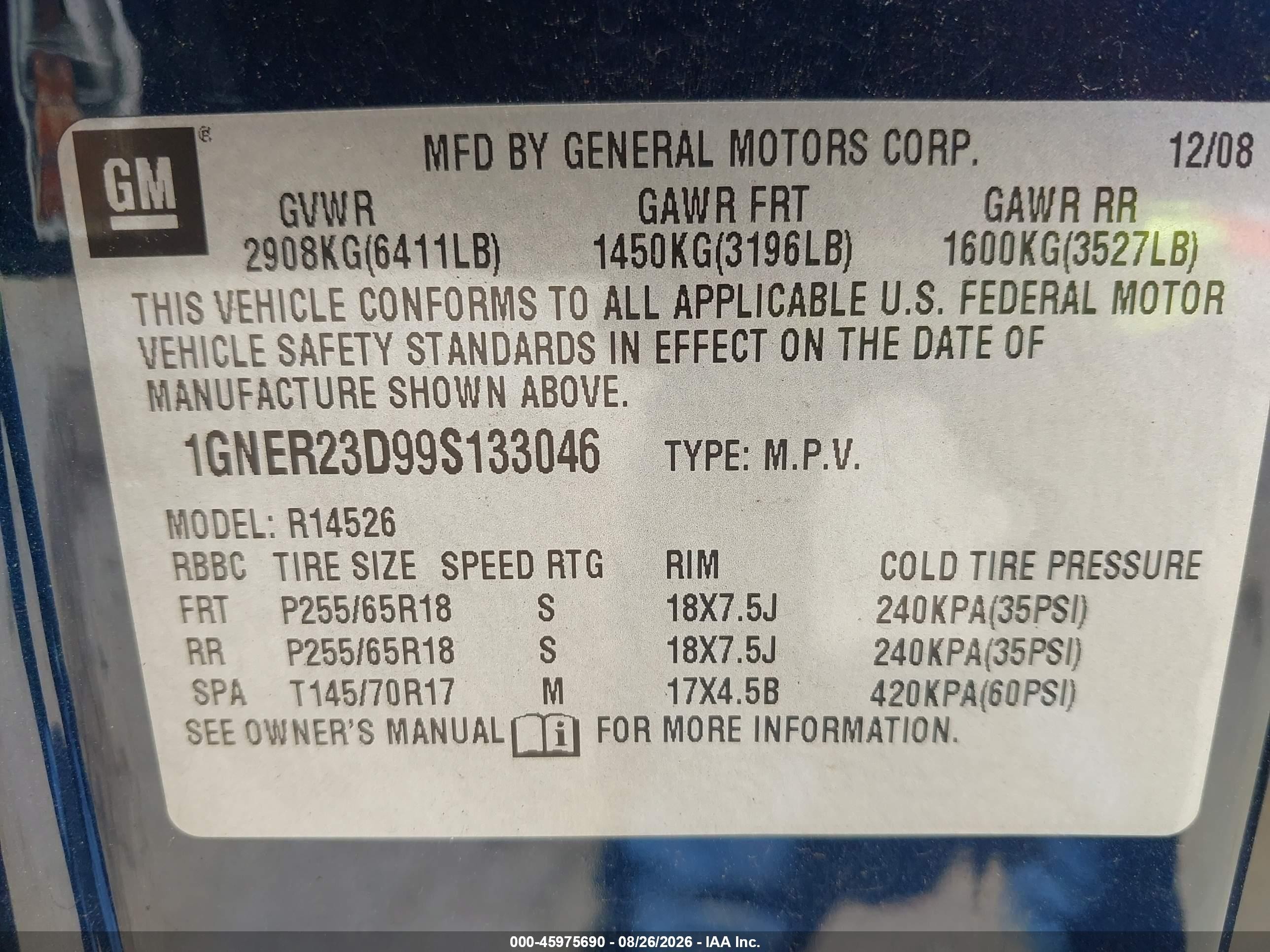 2009 Chevrolet Traverse Lt Blue vin: 1GNER23D99S133046