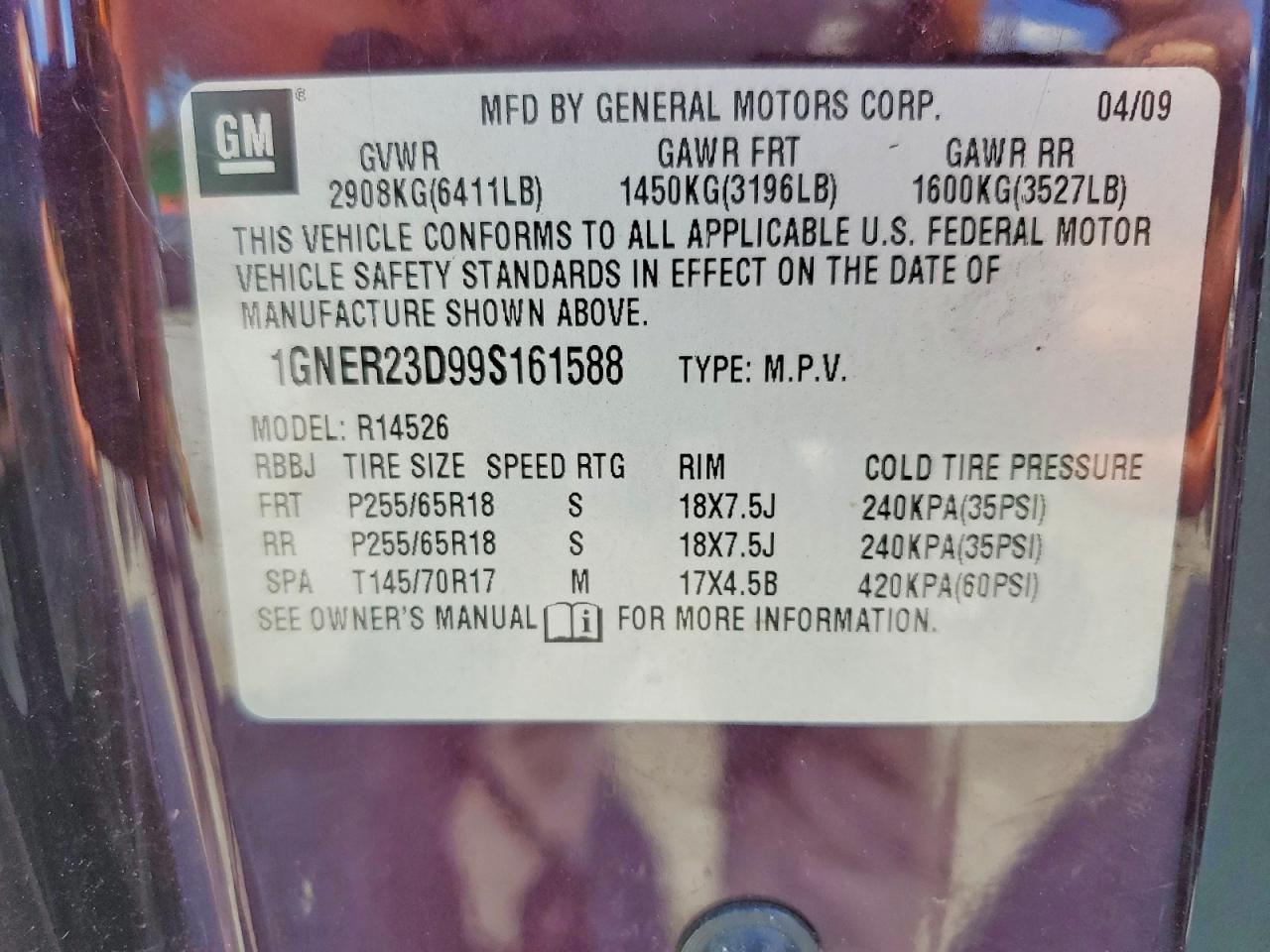 2009 Chevrolet Traverse Lt Purple vin: 1GNER23D99S161588