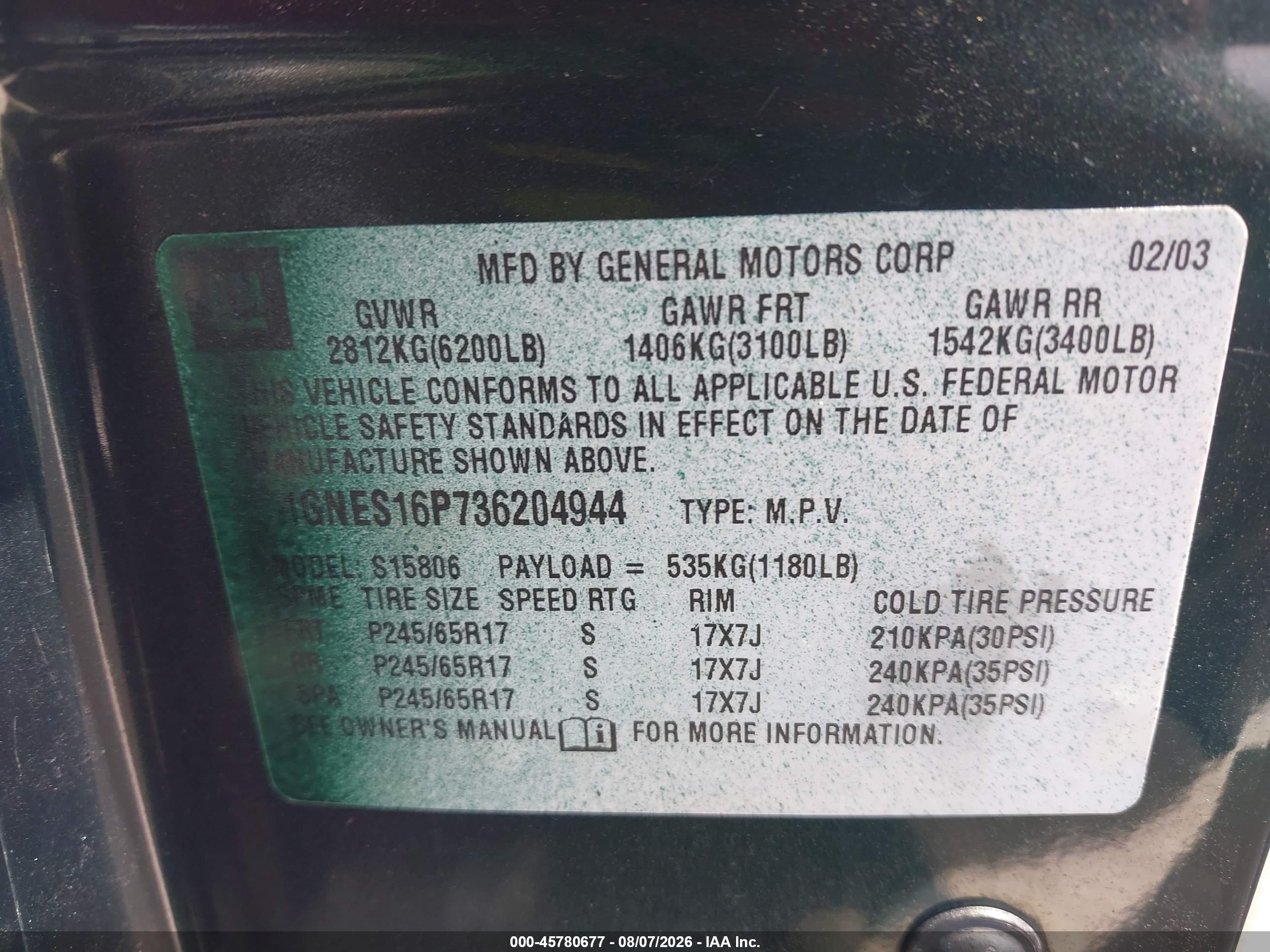 2003 Chevrolet Trailblazer Ext Lt Green vin: 1GNES16P736204944