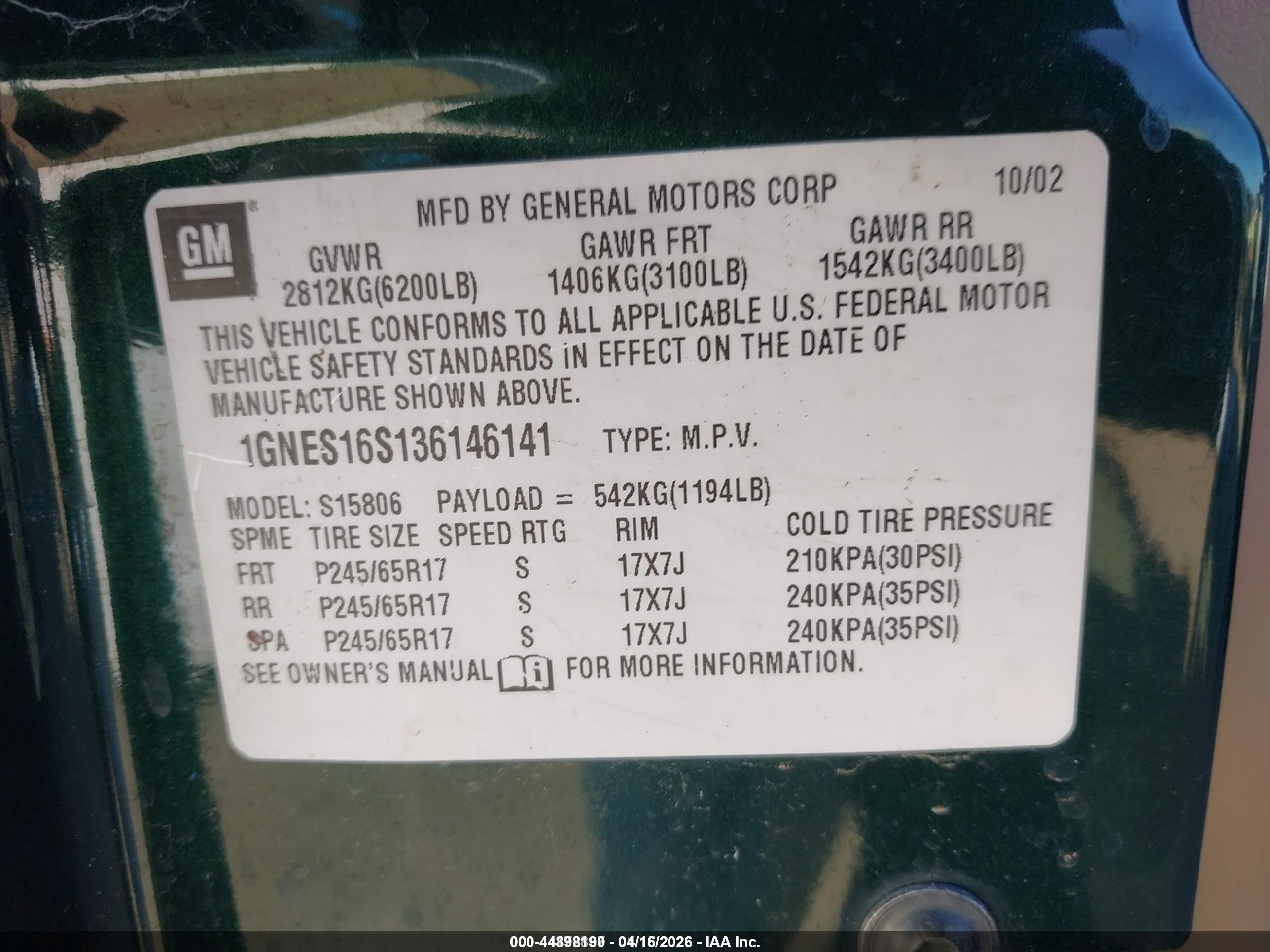 2003 Chevrolet Trailblazer Ext Lt Green vin: 1GNES16S136146141